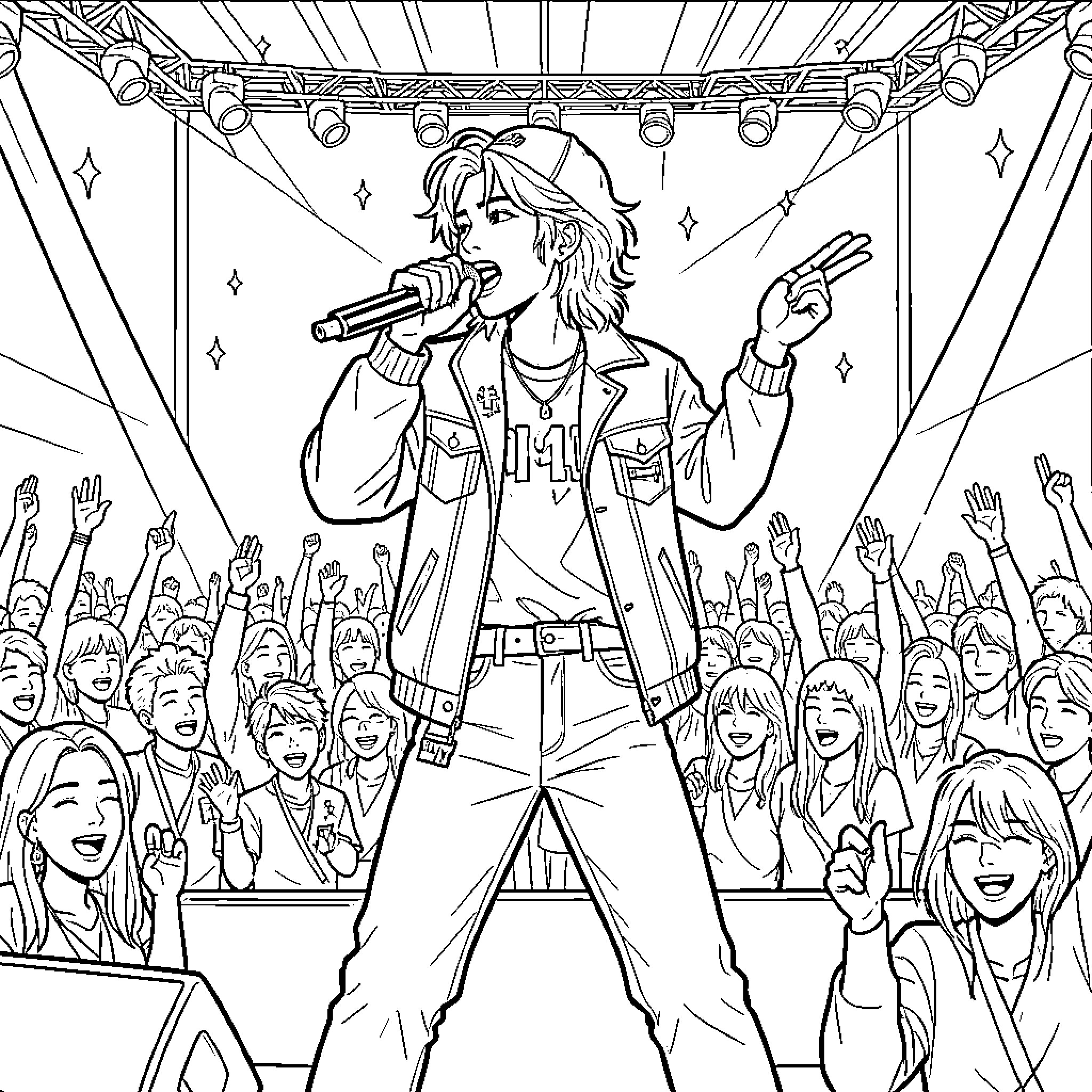 Kpop idol performing energetically on stage for fans Coloring Page (free black-and-white line drawing printable PDF for all, from beginners to advanced learners, including children, teens, adults, and seniors)