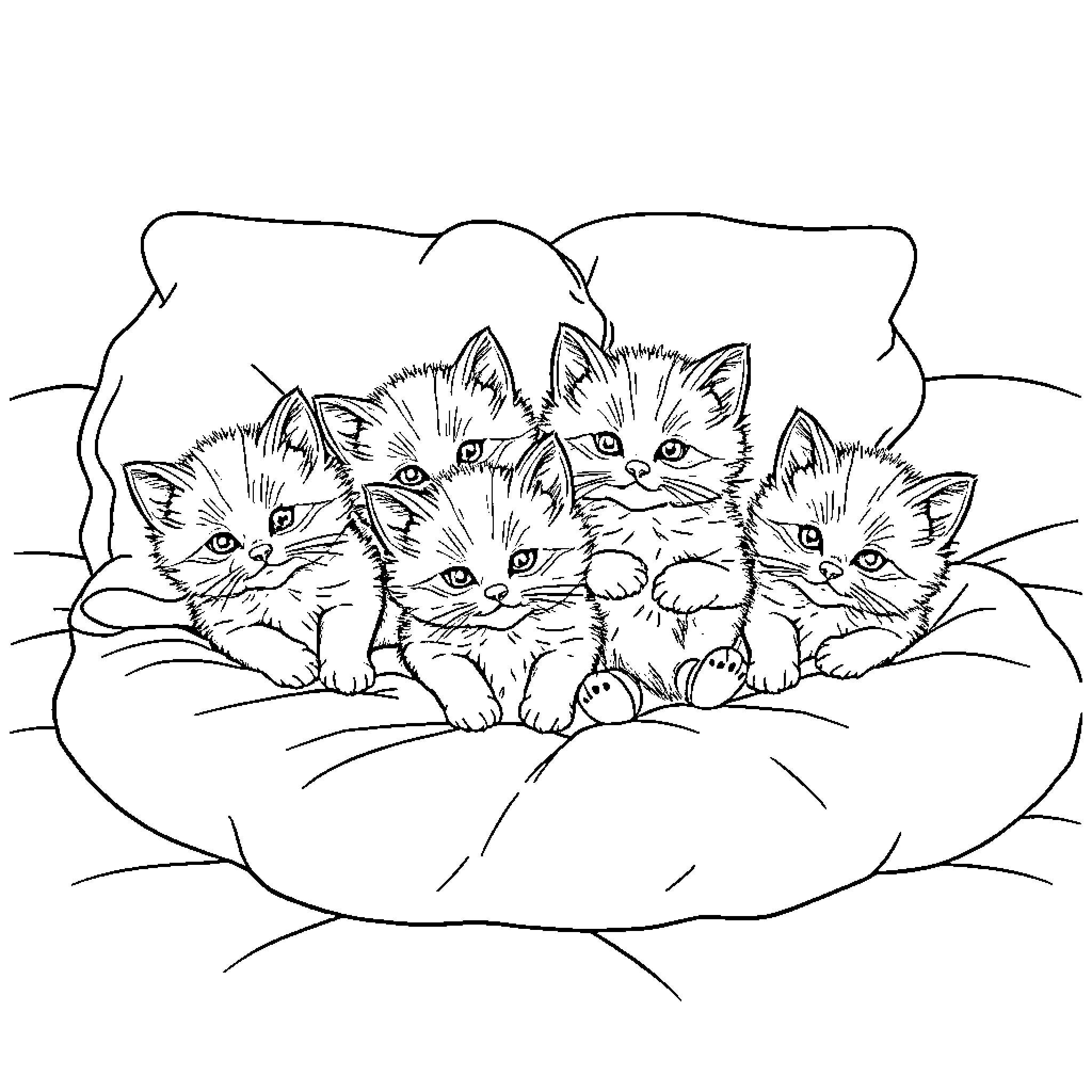 Kittens cuddling in a soft bed Coloring Page (free black-and-white line drawing printable PDF for all, from beginners to advanced learners, including children, teens, adults, and seniors)