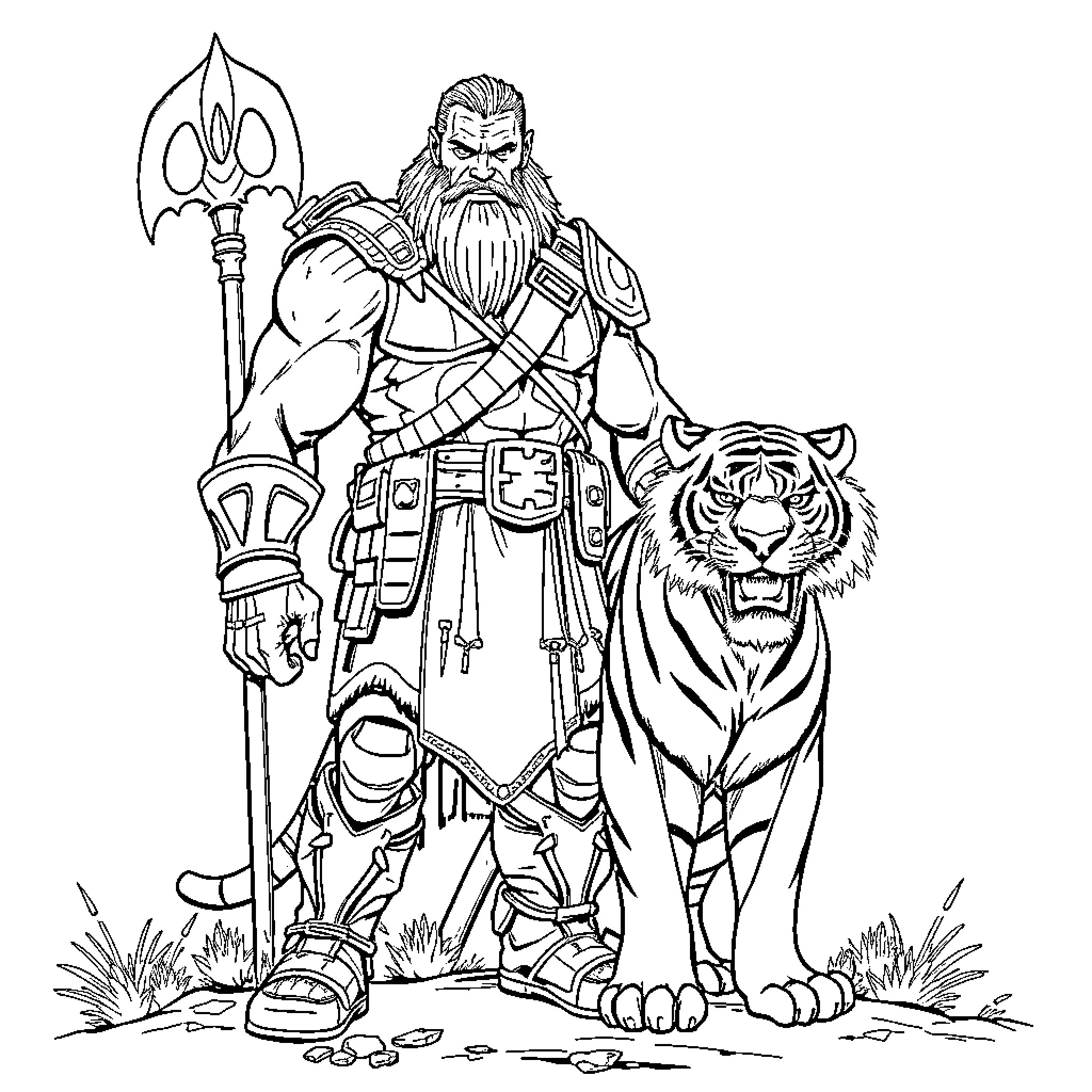 Ranger in Rugged Adventure with Fierce Companion Coloring Page (free black-and-white line drawing printable PDF for all, from beginners to advanced learners, including children, teens, adults, and seniors)