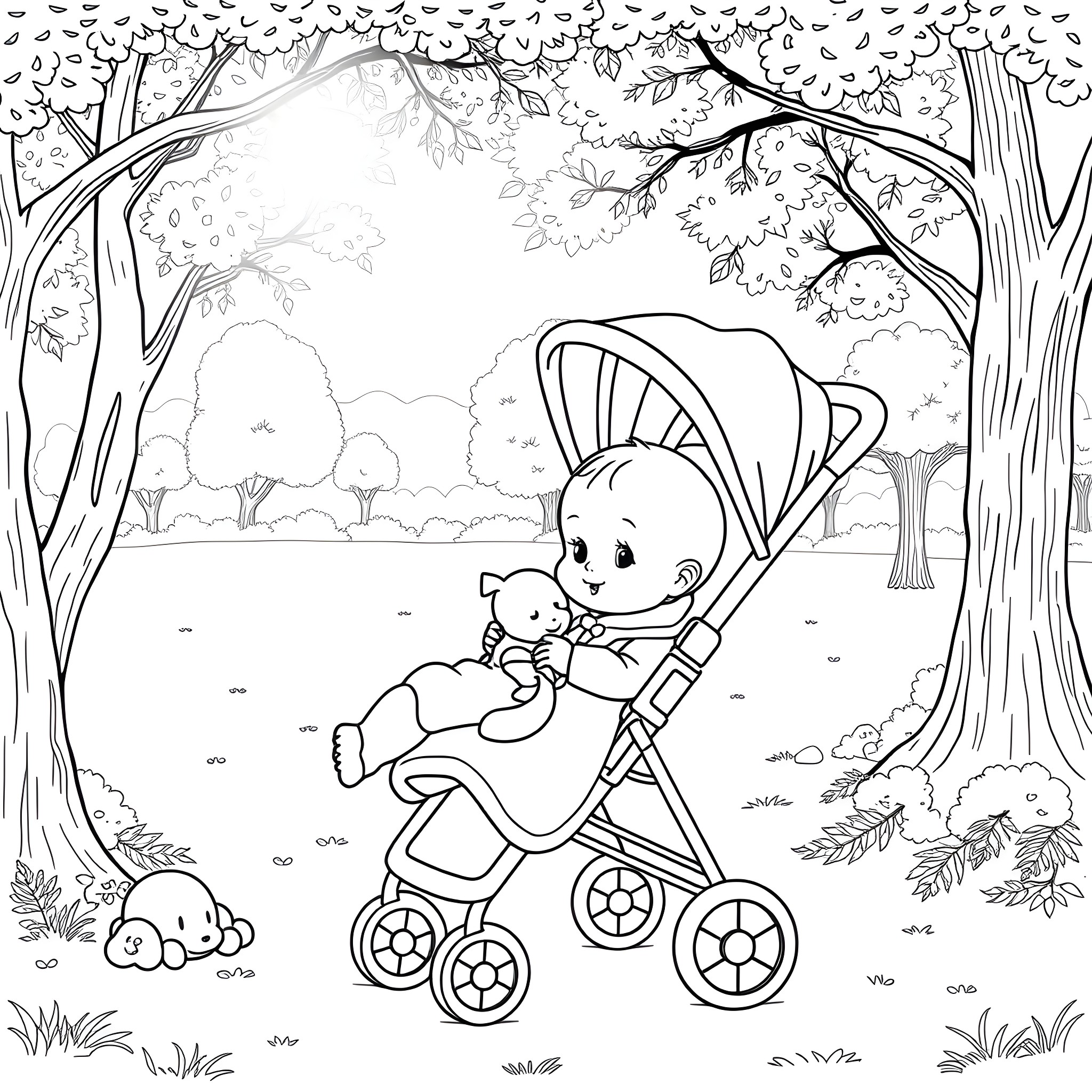 Baby in stroller enjoying the nature Coloring Page (free black-and-white line drawing printable PDF for all, from beginners to advanced learners, including children, teens, adults, and seniors)