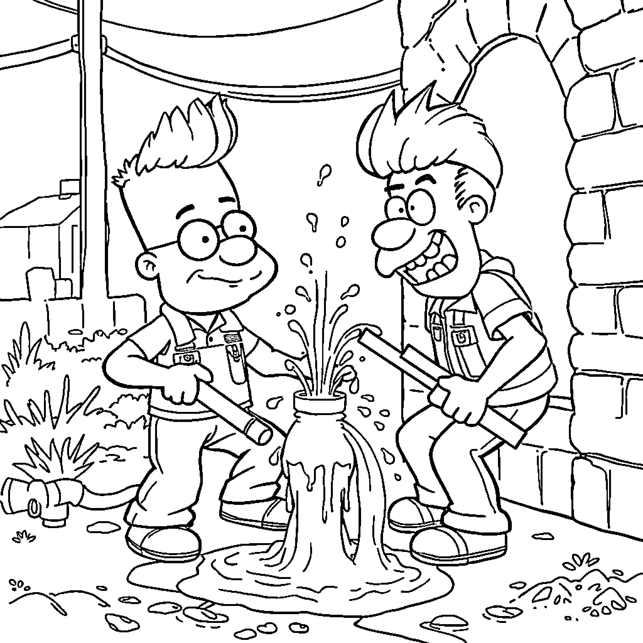 Beavis and Butthead's Messy Adventure Coloring Page (free black-and-white line drawing printable PDF for all, from beginners to advanced learners, including children, teens, adults, and seniors)