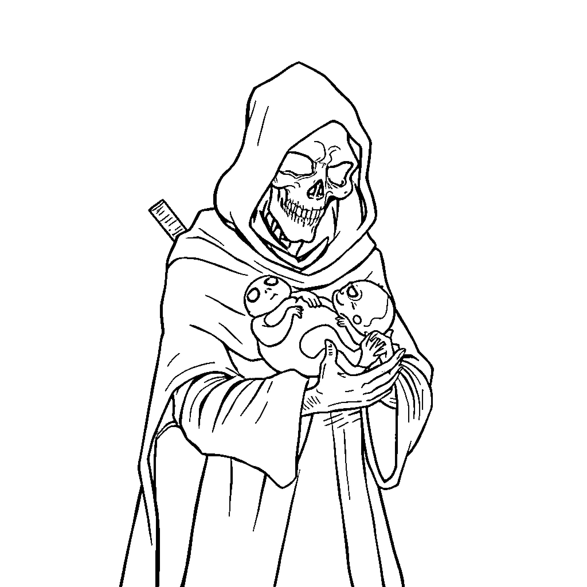 Grim Reaper wielding scythe with skulls Coloring Page (free black-and-white line drawing printable PDF for all, from beginners to advanced learners, including children, teens, adults, and seniors)