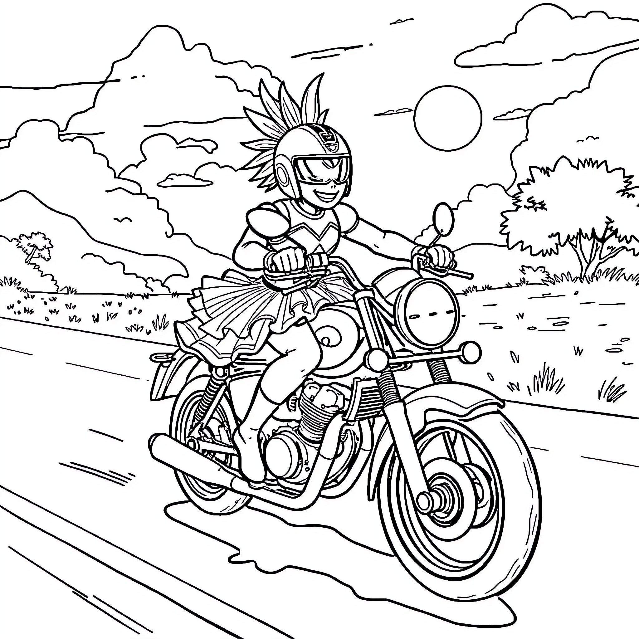 Sangohan riding a motorcycle through the countryside Coloring Page (free black-and-white line drawing printable PDF for all, from beginners to advanced learners, including children, teens, adults, and seniors)