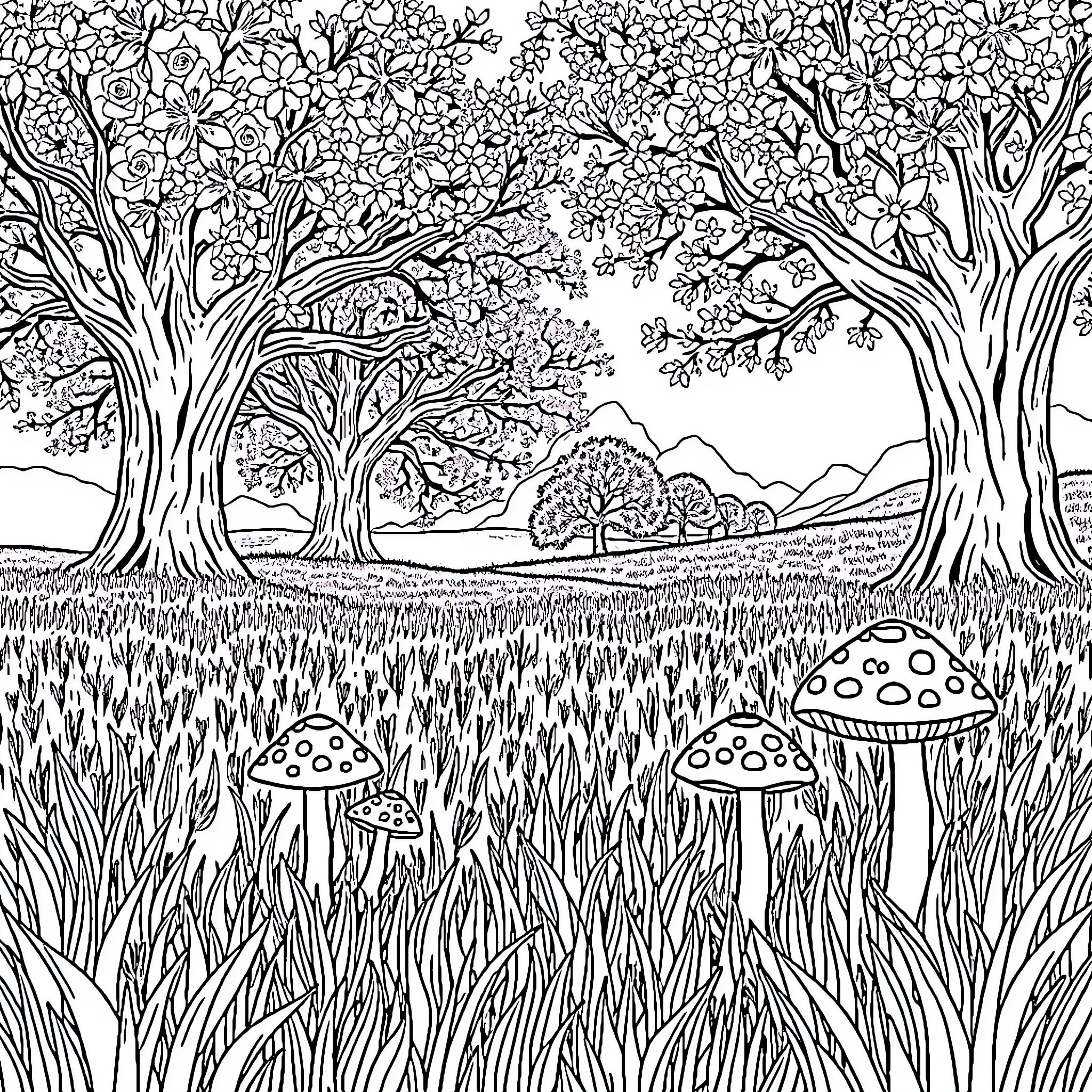 Mushroom Wonderland in the Enchanted Forest Coloring Page (free black-and-white line drawing printable PDF for all, from beginners to advanced learners, including children, teens, adults, and seniors)