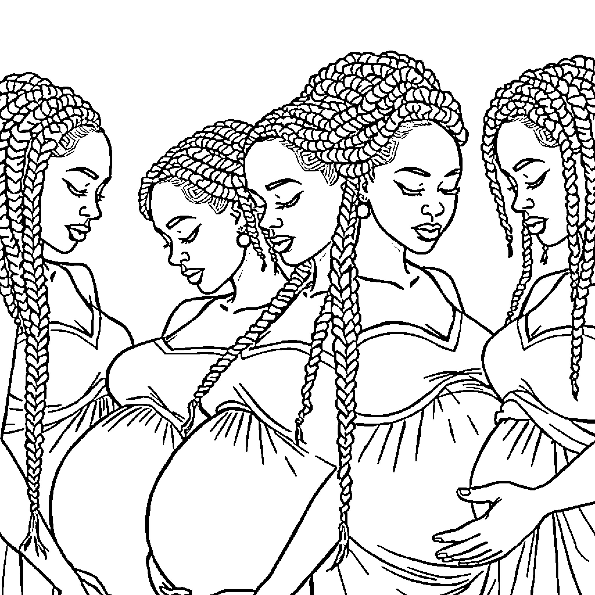 Pregnant Women with Braided Hairstyles Coloring Page (free black-and-white line drawing printable PDF for all, from beginners to advanced learners, including children, teens, adults, and seniors)