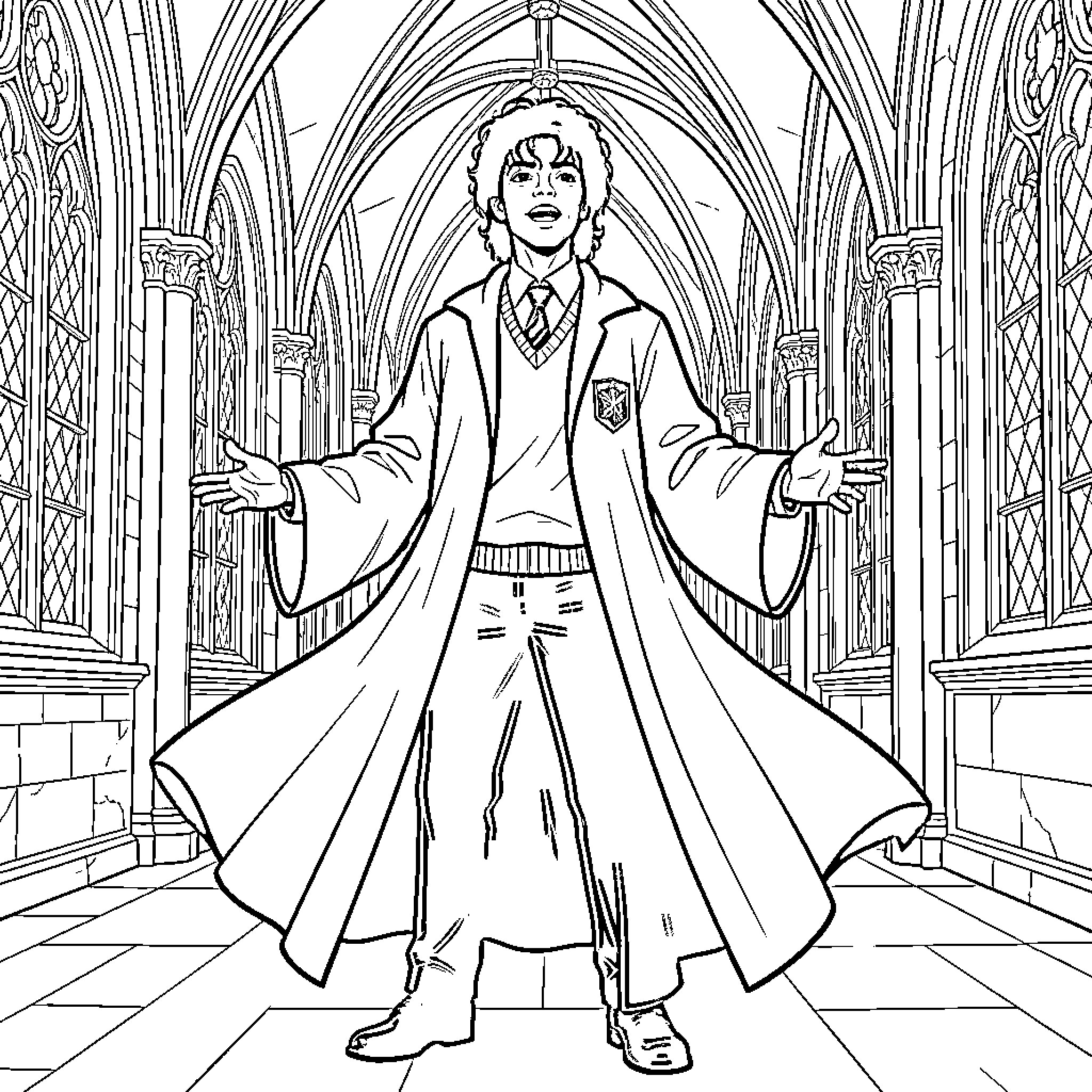 Michael Jackson posing in a long robe within a hallway Coloring Page (free black-and-white line drawing printable PDF for all, from beginners to advanced learners, including children, teens, adults, and seniors)