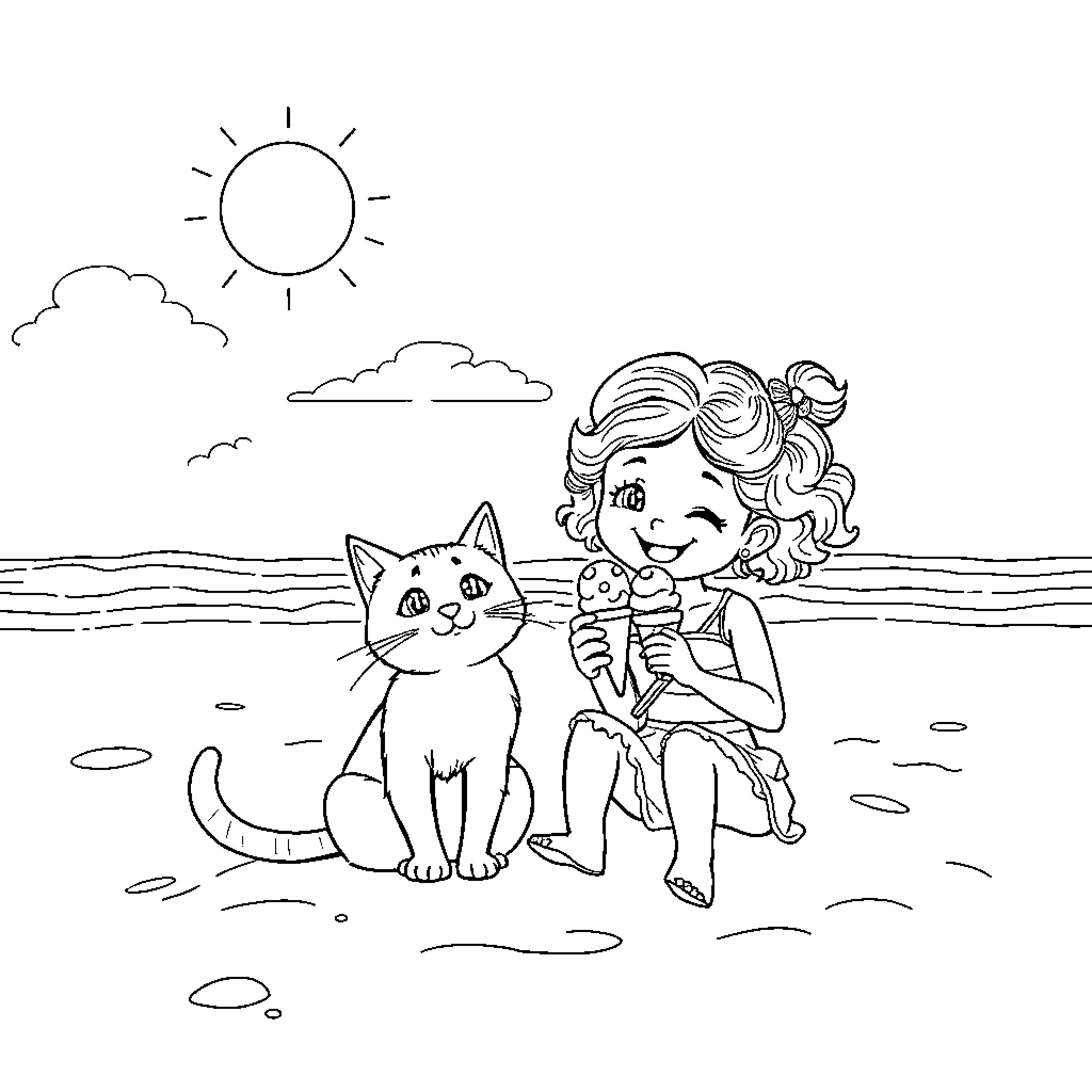 Cat and girl relaxing on the beach Coloring Page (free black-and-white line drawing printable PDF for all, from beginners to advanced learners, including children, teens, adults, and seniors)