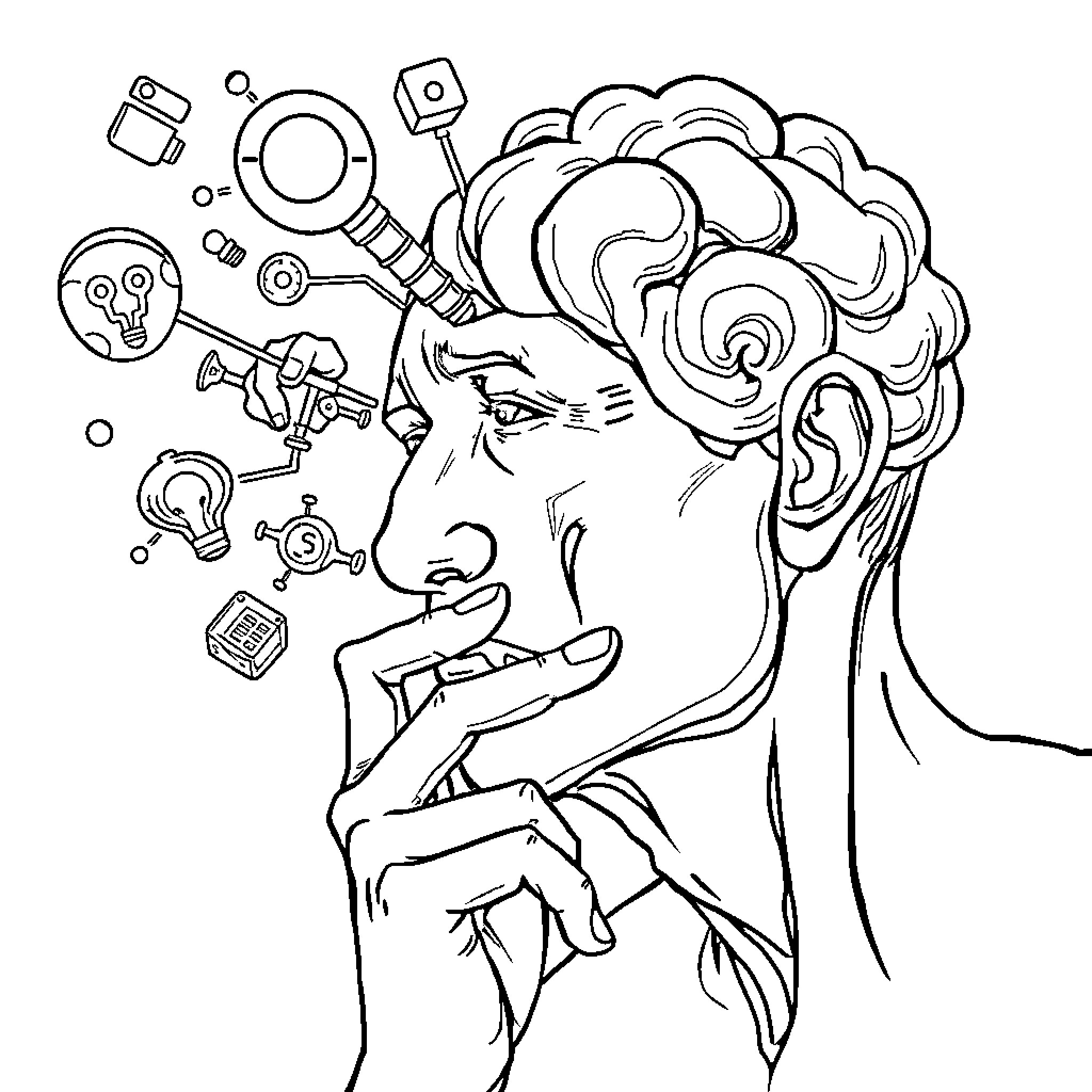 Mind in a Swirl of Creativity Coloring Page (free black-and-white line drawing printable PDF for all, from beginners to advanced learners, including children, teens, adults, and seniors)