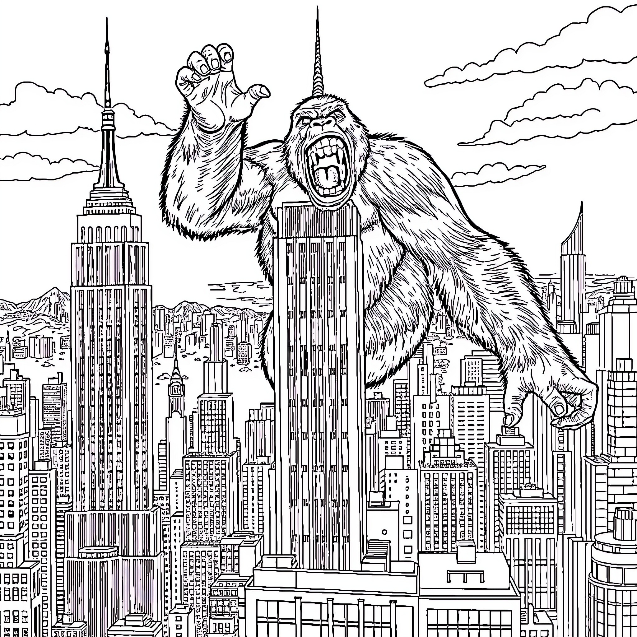 King Kong Rampaging Through the City Skyline Coloring Page (free black-and-white line drawing printable PDF for all, from beginners to advanced learners, including children, teens, adults, and seniors)