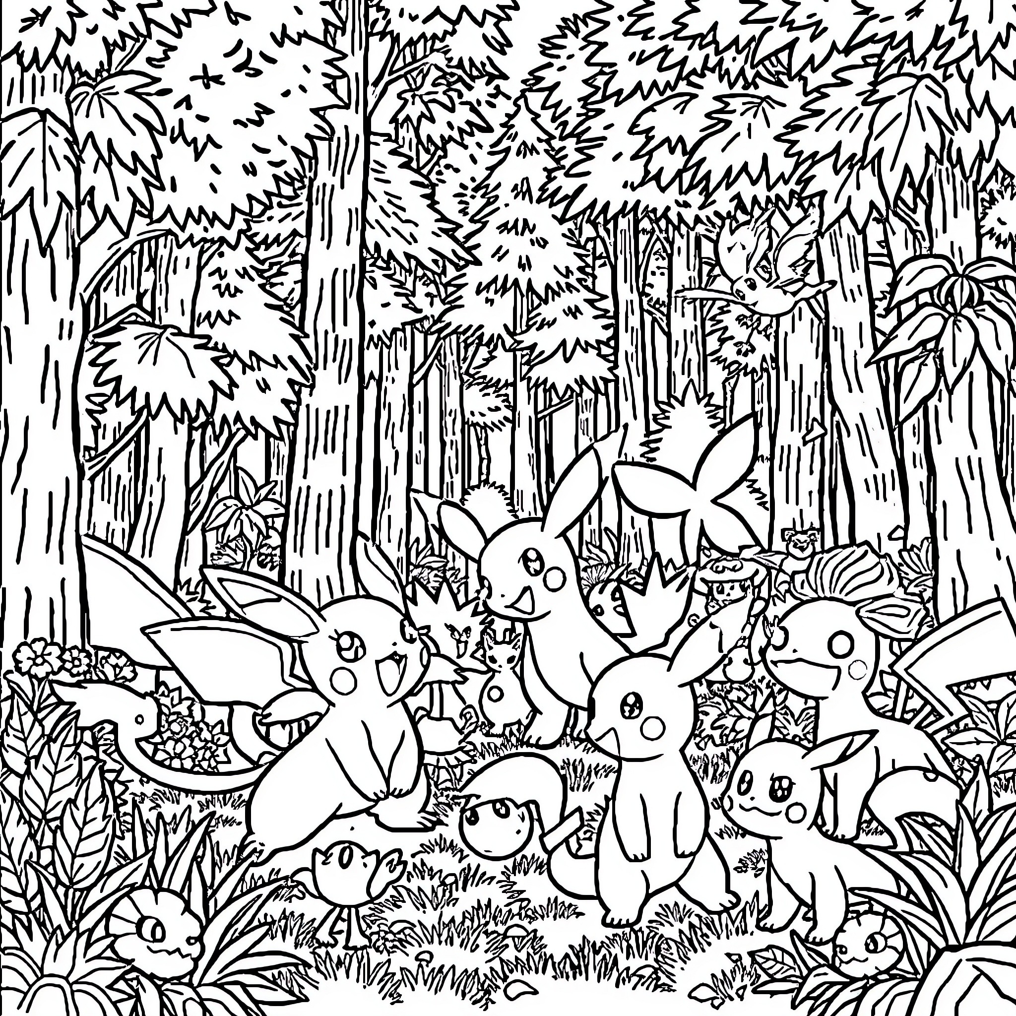 Pokémon characters in a forest scene Coloring Page (free black-and-white line drawing printable PDF for all, from beginners to advanced learners, including children, teens, adults, and seniors)