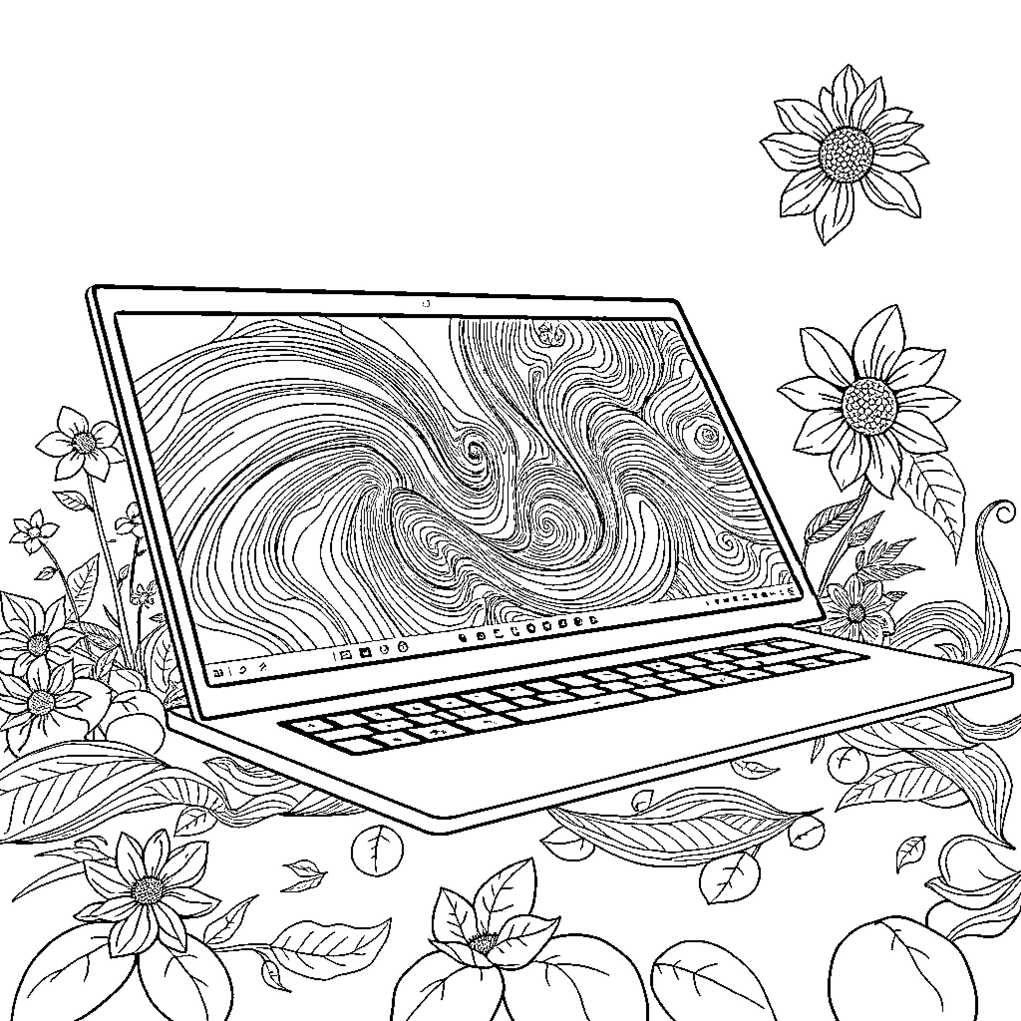 Lenovo laptop surrounded by vibrant floral designs Coloring Page (free black-and-white line drawing printable PDF for all, from beginners to advanced learners, including children, teens, adults, and seniors)