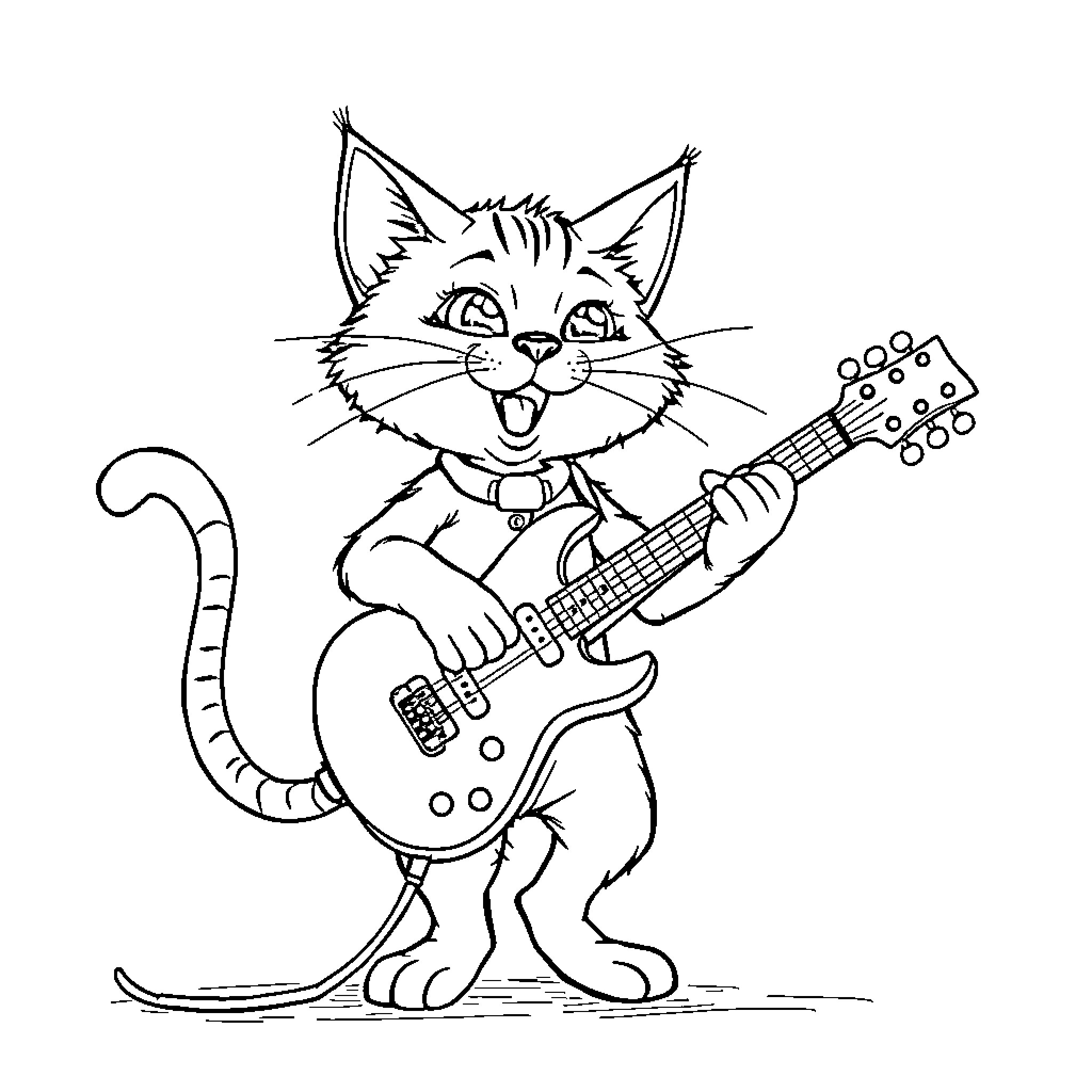 Cat playing guitar with excitement Coloring Page (free black-and-white line drawing printable PDF for all, from beginners to advanced learners, including children, teens, adults, and seniors)