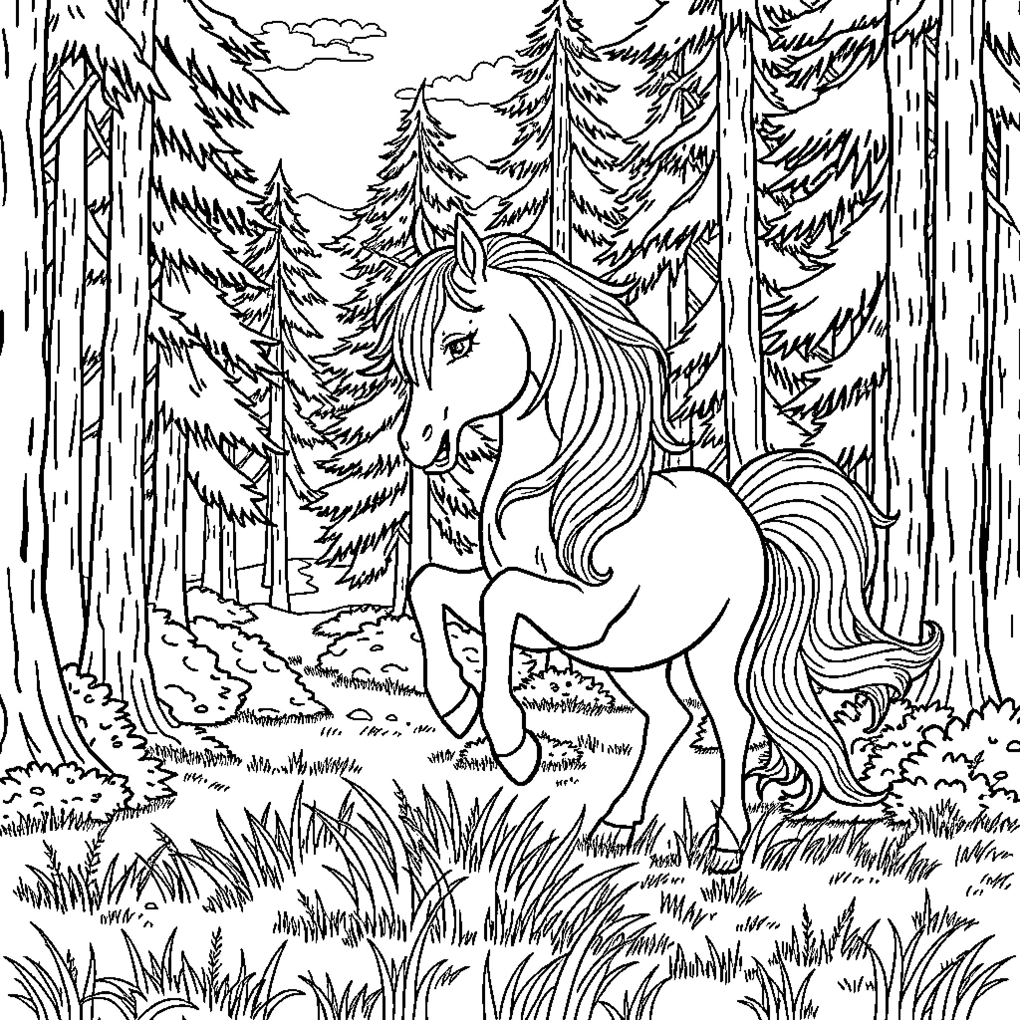 Unicorn exploring enchanted forest Coloring Page (free black-and-white line drawing printable PDF for all, from beginners to advanced learners, including children, teens, adults, and seniors)