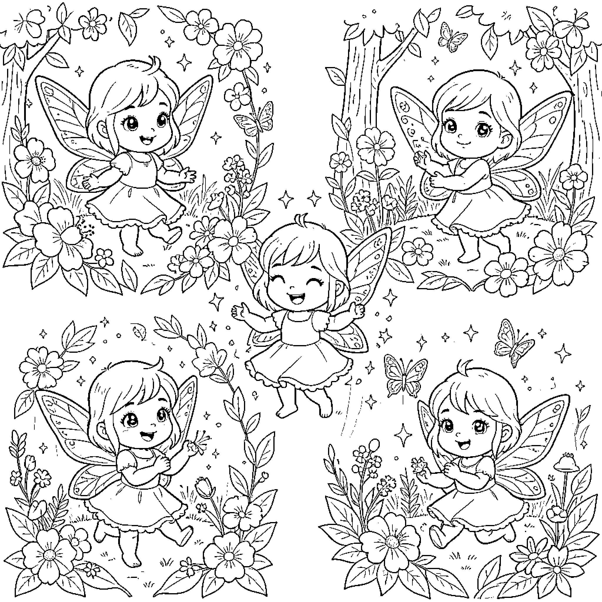 Fairy Frolics in Floral Wonderland Coloring Page (free black-and-white line drawing printable PDF for all, from beginners to advanced learners, including children, teens, adults, and seniors)