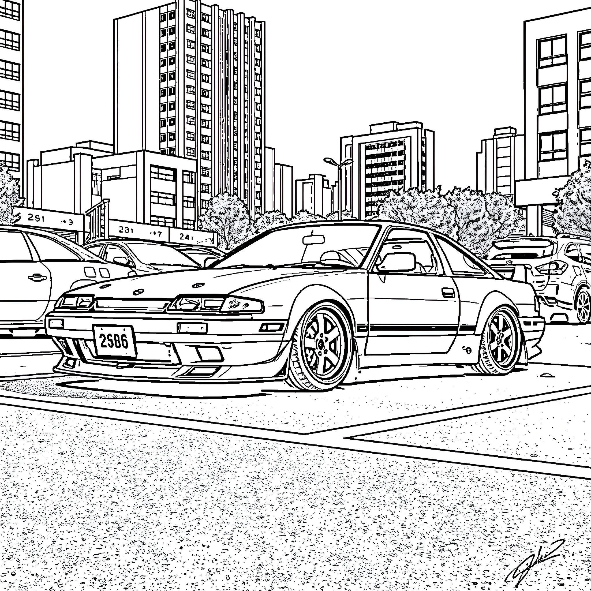 Nissan sports car in an urban city scene Coloring Page (free black-and-white line drawing printable PDF for all, from beginners to advanced learners, including children, teens, adults, and seniors)