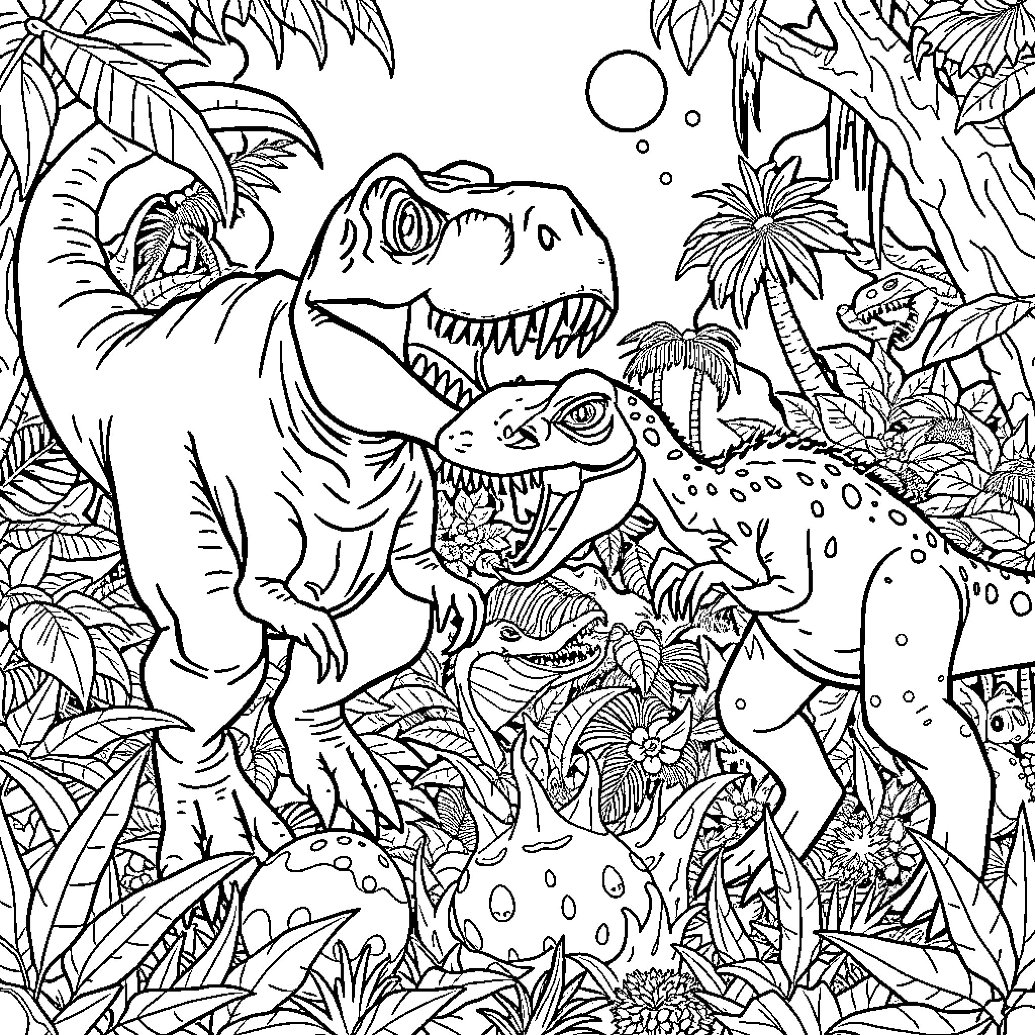 Dinosaurs Roaming in the Prehistoric Jungle Coloring Page (free black-and-white line drawing printable PDF for all, from beginners to advanced learners, including children, teens, adults, and seniors)