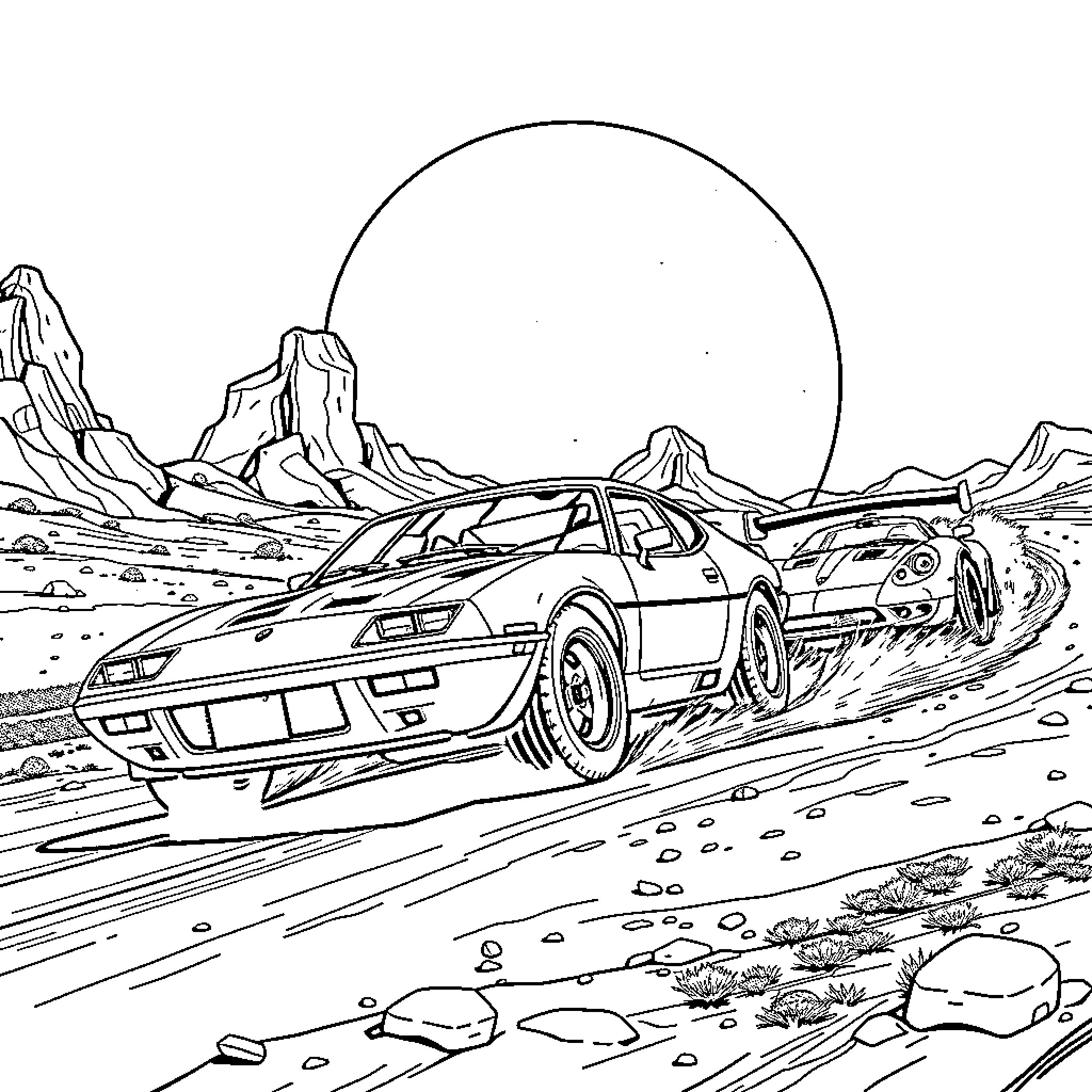 Formula 1 cars racing through desert landscape Coloring Page (free black-and-white line drawing printable PDF for all, from beginners to advanced learners, including children, teens, adults, and seniors)