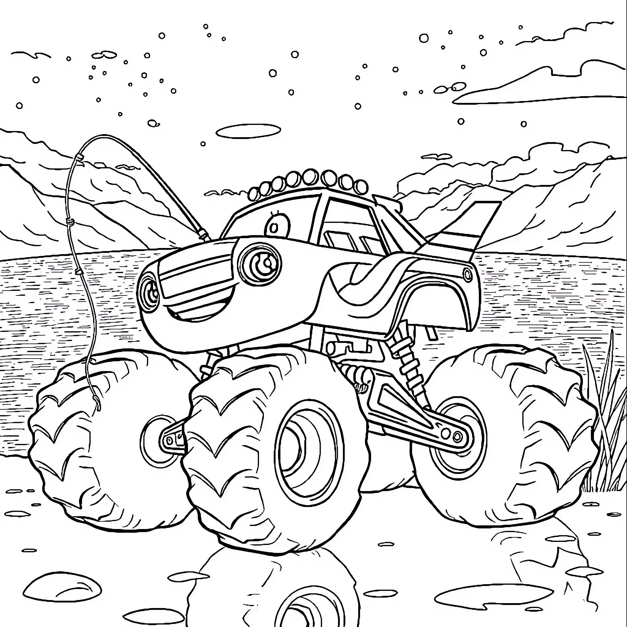 Blaze's Adventurous Monster Truck Journey Coloring Page (free black-and-white line drawing printable PDF for all, from beginners to advanced learners, including children, teens, adults, and seniors)