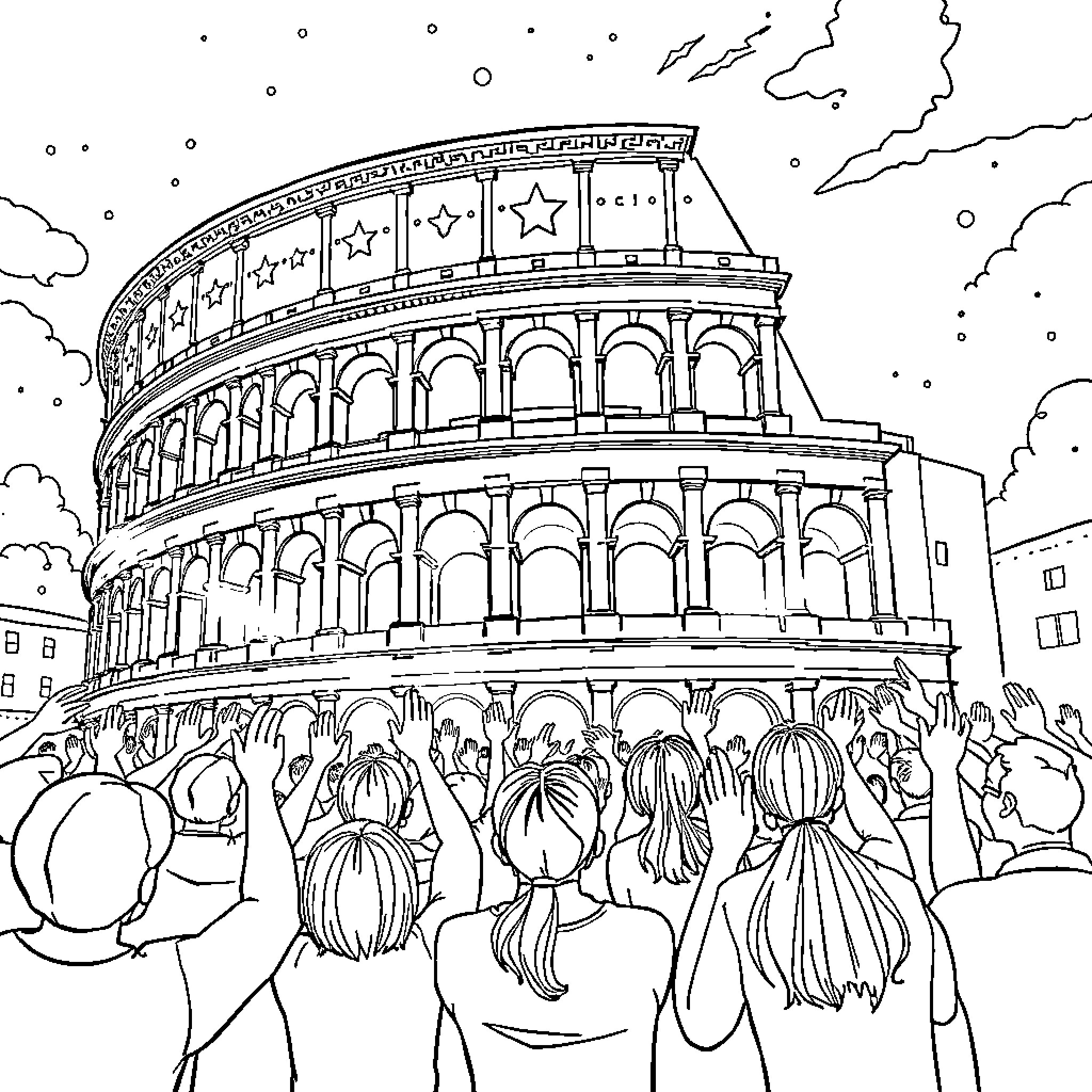 K Pop Crowd Cheering at Iconic Colosseum Coloring Page (free black-and-white line drawing printable PDF for all, from beginners to advanced learners, including children, teens, adults, and seniors)