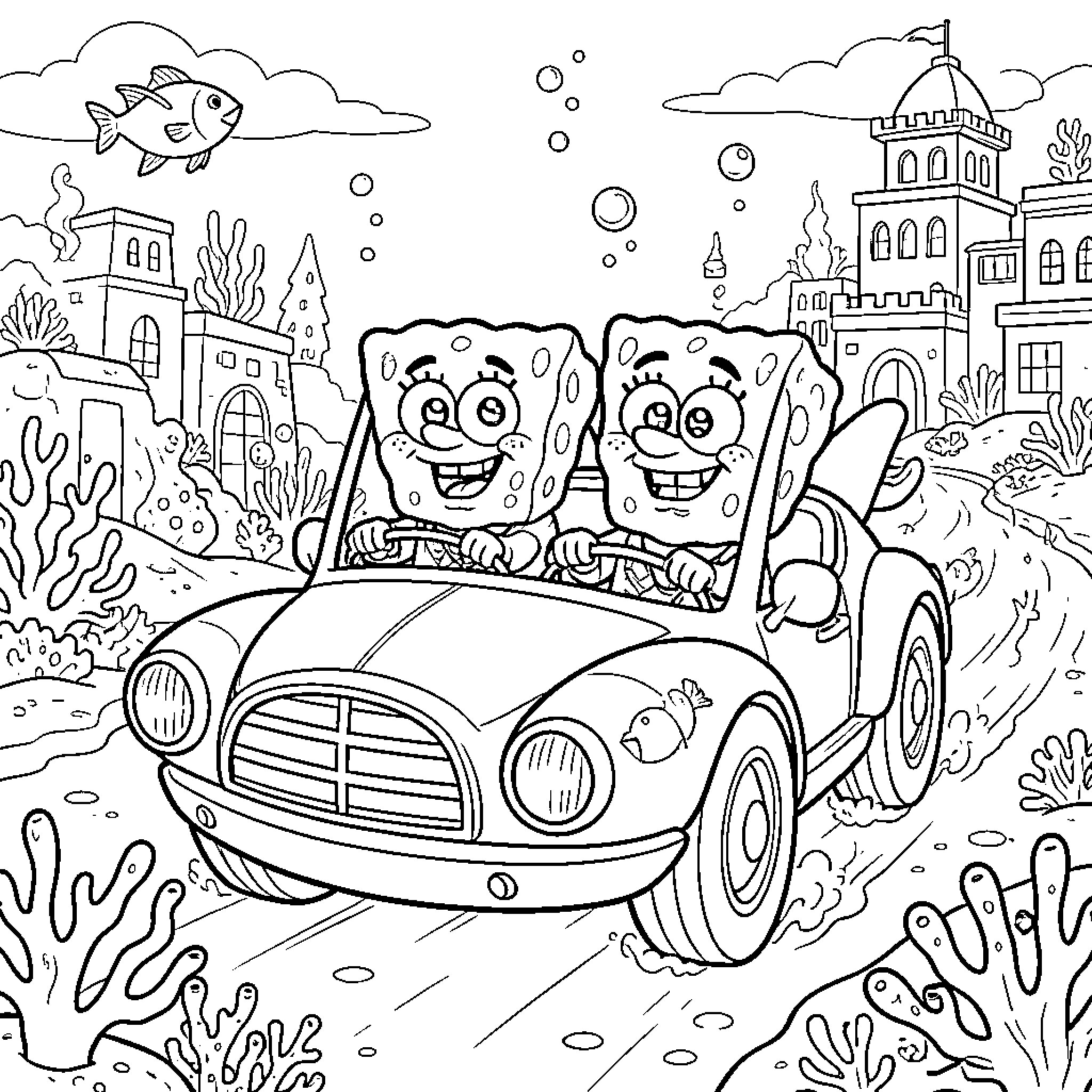 Bob esponja and Patrick driving a car together happily Coloring Page (free black-and-white line drawing printable PDF for all, from beginners to advanced learners, including children, teens, adults, and seniors)