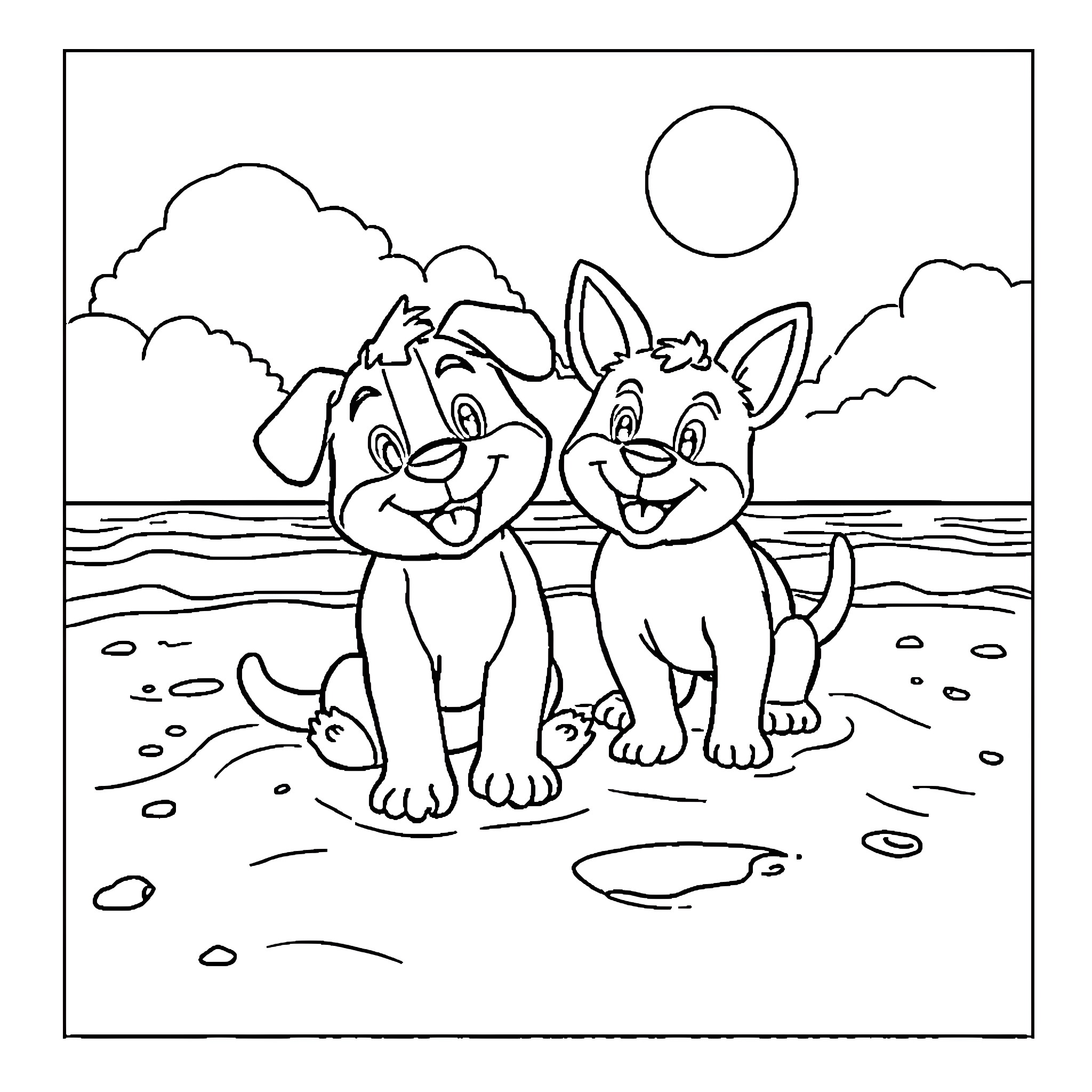 Bluey and Bingo play happily by the seaside Coloring Page (free black-and-white line drawing printable PDF for all, from beginners to advanced learners, including children, teens, adults, and seniors)