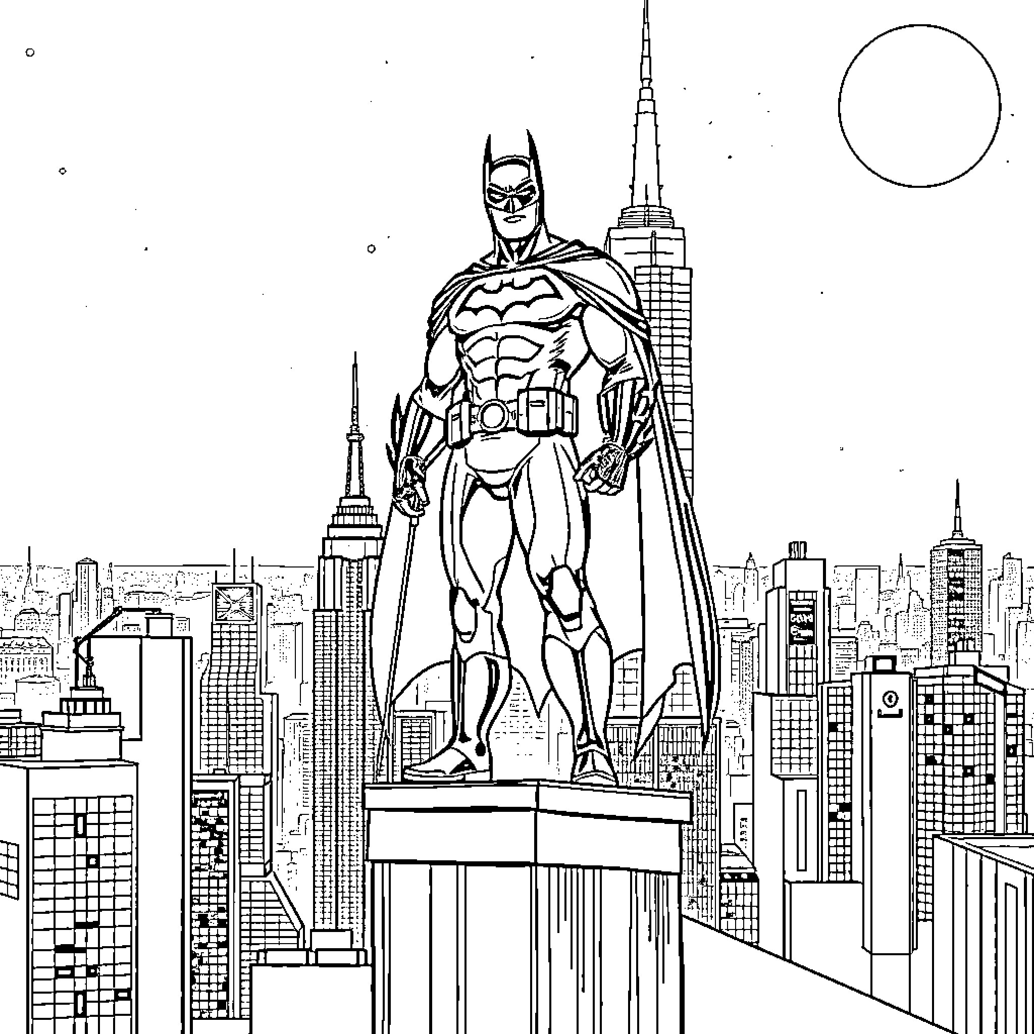 Batman overlooking the city skyline Coloring Page (free black-and-white line drawing printable PDF for all, from beginners to advanced learners, including children, teens, adults, and seniors)