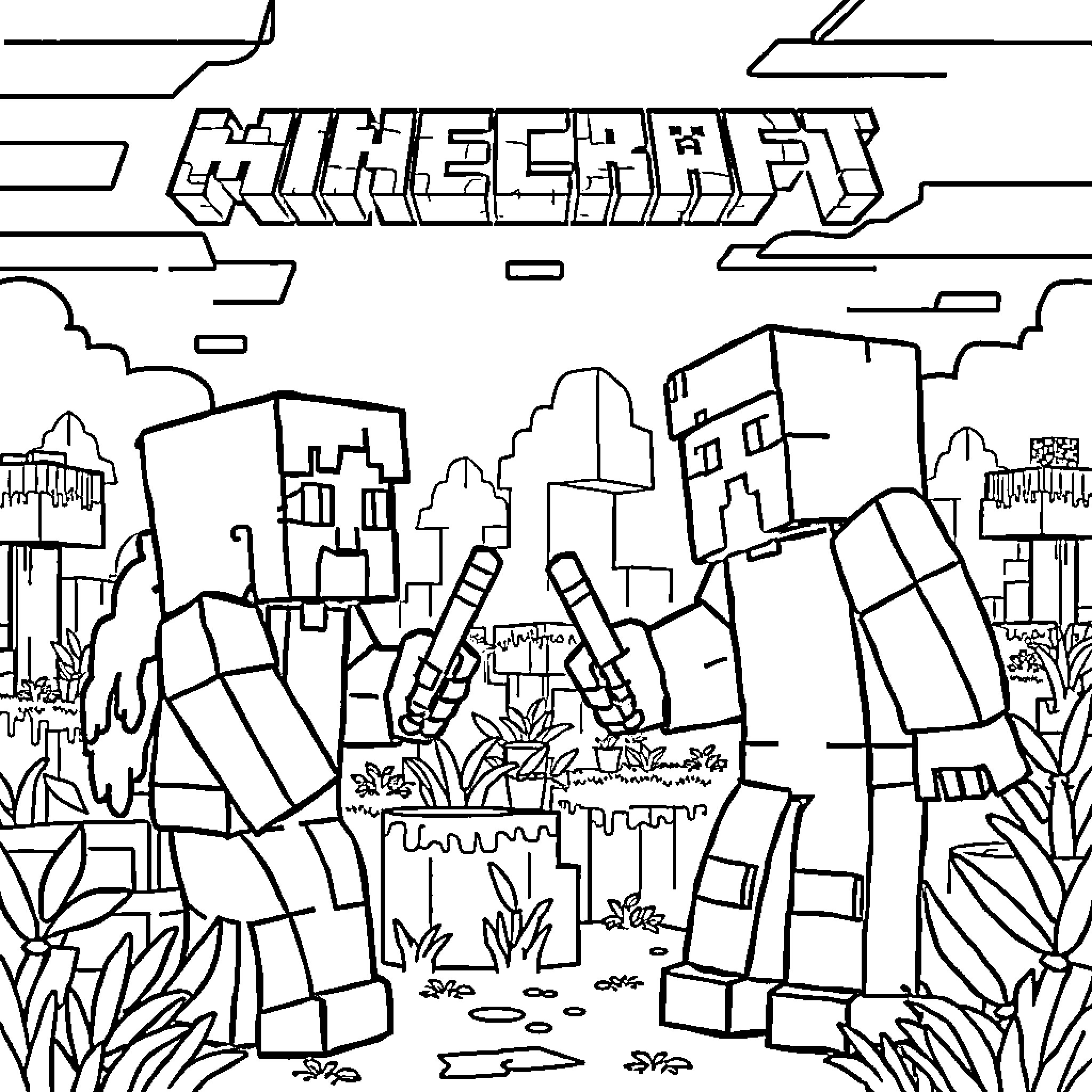 Chat with friends in the Minecraft village Coloring Page (free black-and-white line drawing printable PDF for all, from beginners to advanced learners, including children, teens, adults, and seniors)