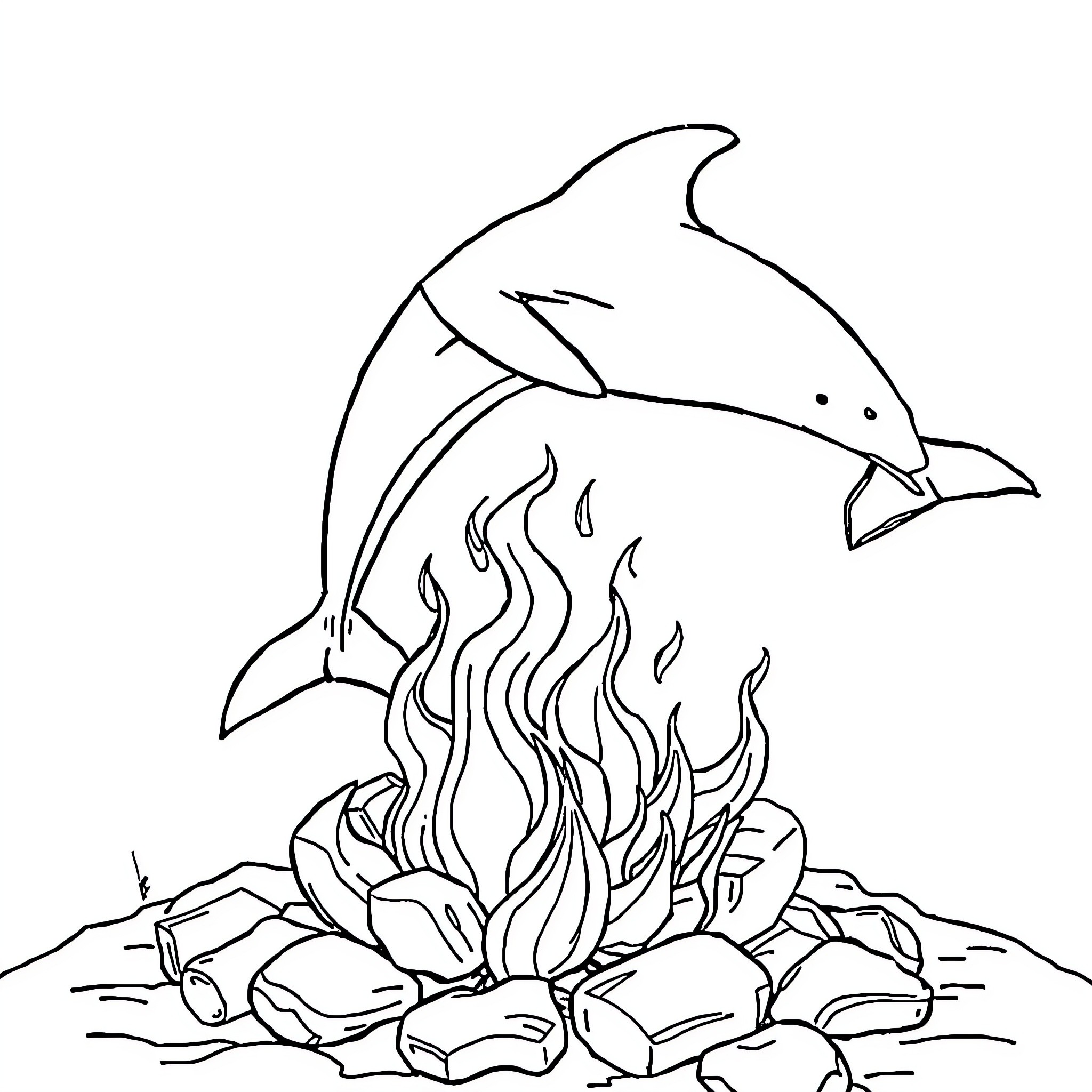 Dolphin leaping over a campfire Coloring Page (free black-and-white line drawing printable PDF for all, from beginners to advanced learners, including children, teens, adults, and seniors)
