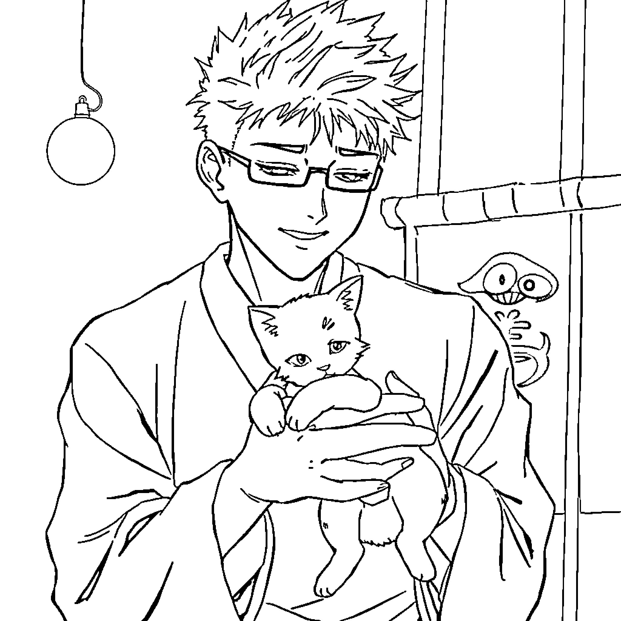 Gojo holding a cat in a cozy setting Coloring Page (free black-and-white line drawing printable PDF for all, from beginners to advanced learners, including children, teens, adults, and seniors)