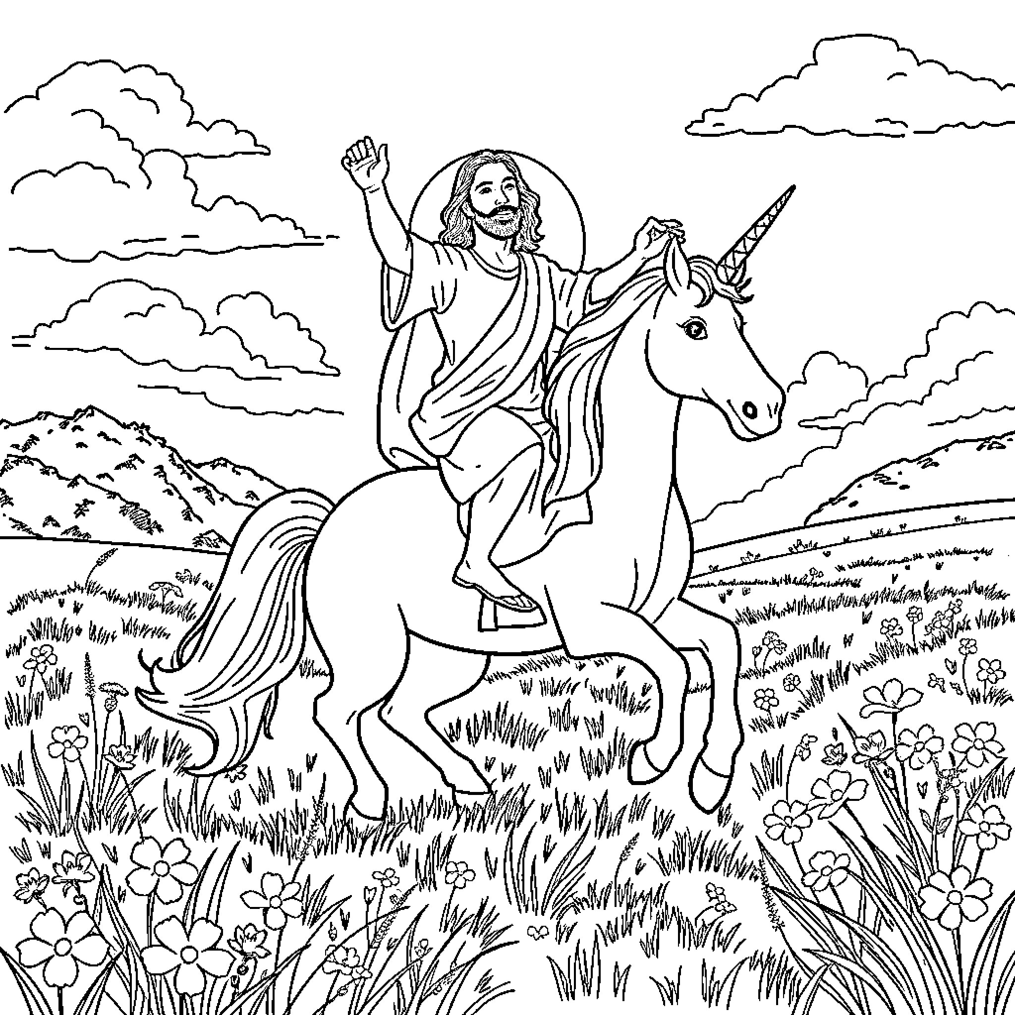Jesus riding a majestic unicorn through a meadow Coloring Page (free black-and-white line drawing printable PDF for all, from beginners to advanced learners, including children, teens, adults, and seniors)