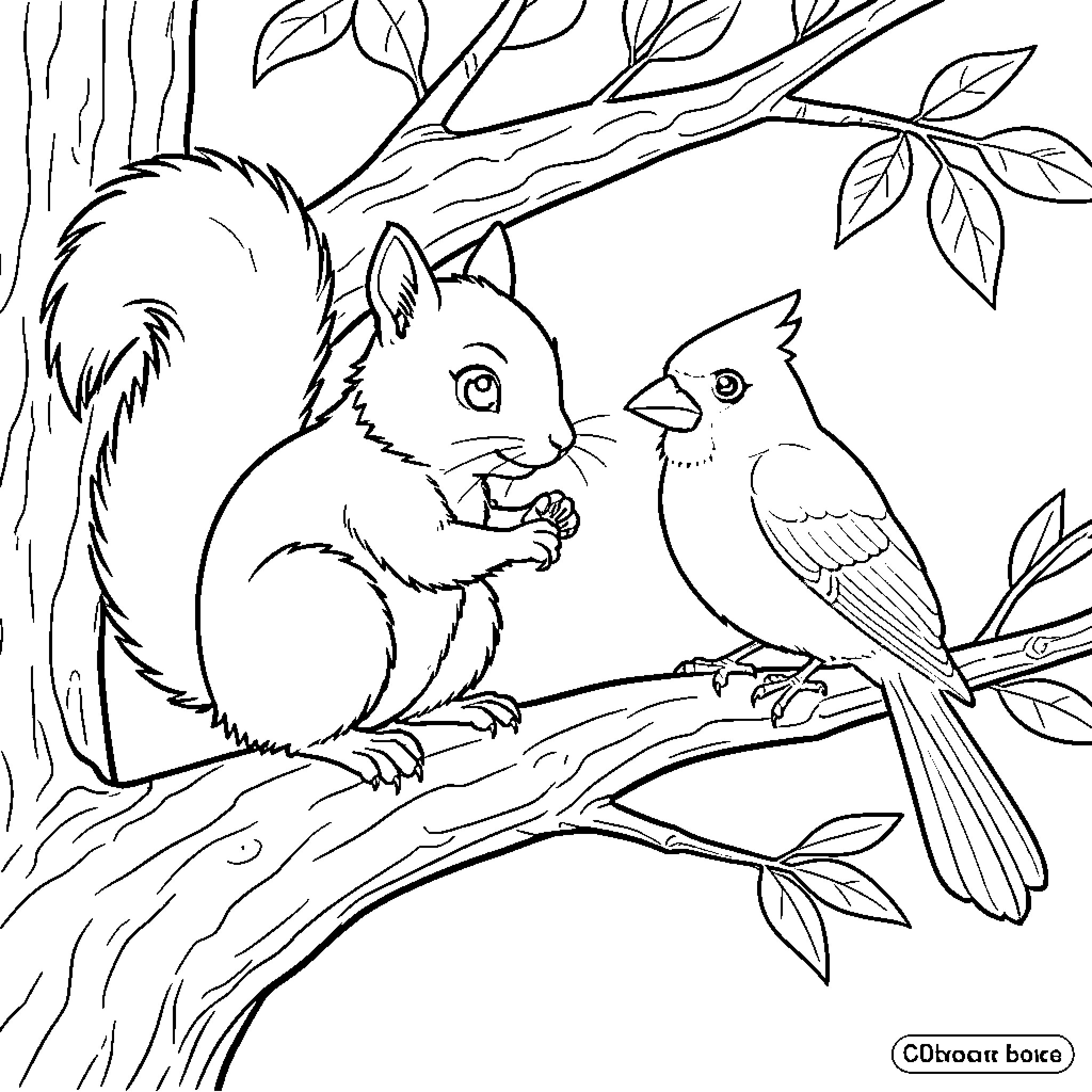 Squirrel and Cardinal Birds in the Forest Coloring Page (free black-and-white line drawing printable PDF for all, from beginners to advanced learners, including children, teens, adults, and seniors)