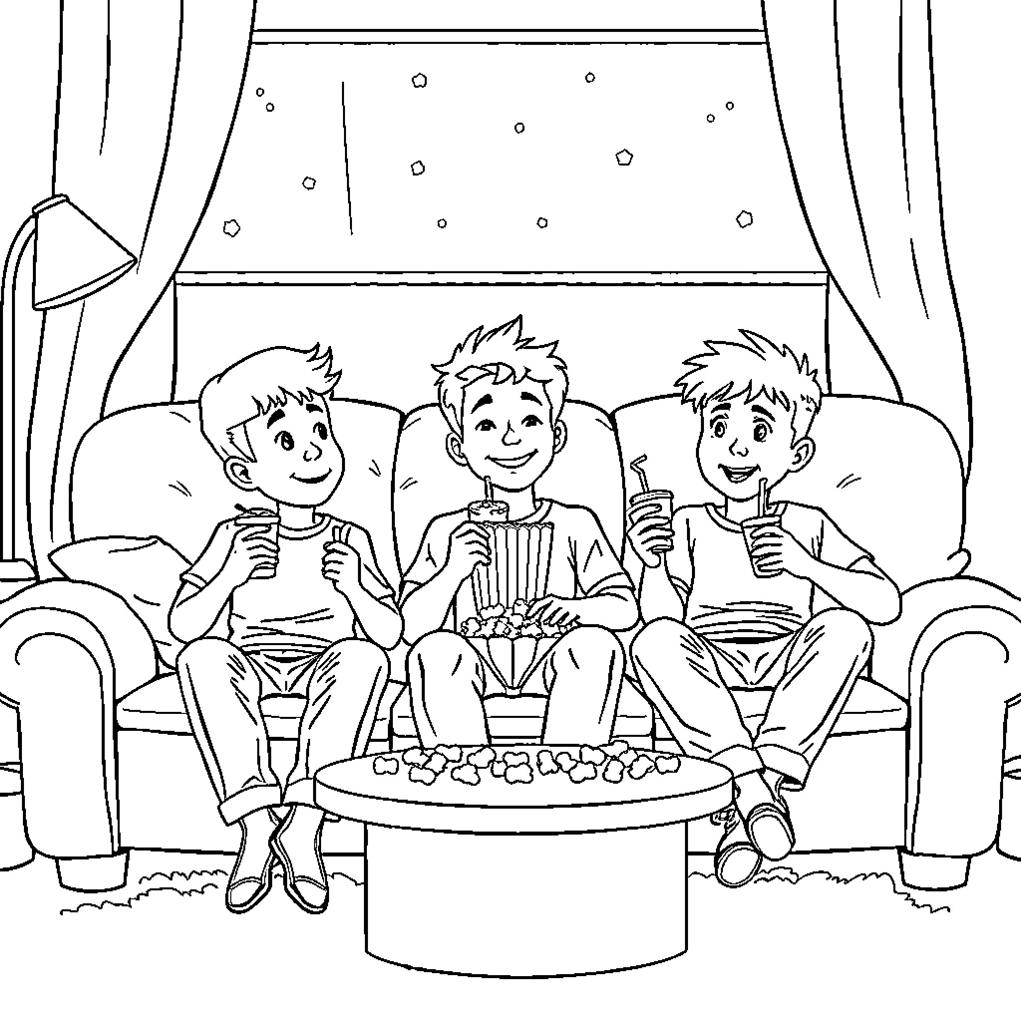 Boy enjoys movie night with friends Coloring Page (free black-and-white line drawing printable PDF for all, from beginners to advanced learners, including children, teens, adults, and seniors)