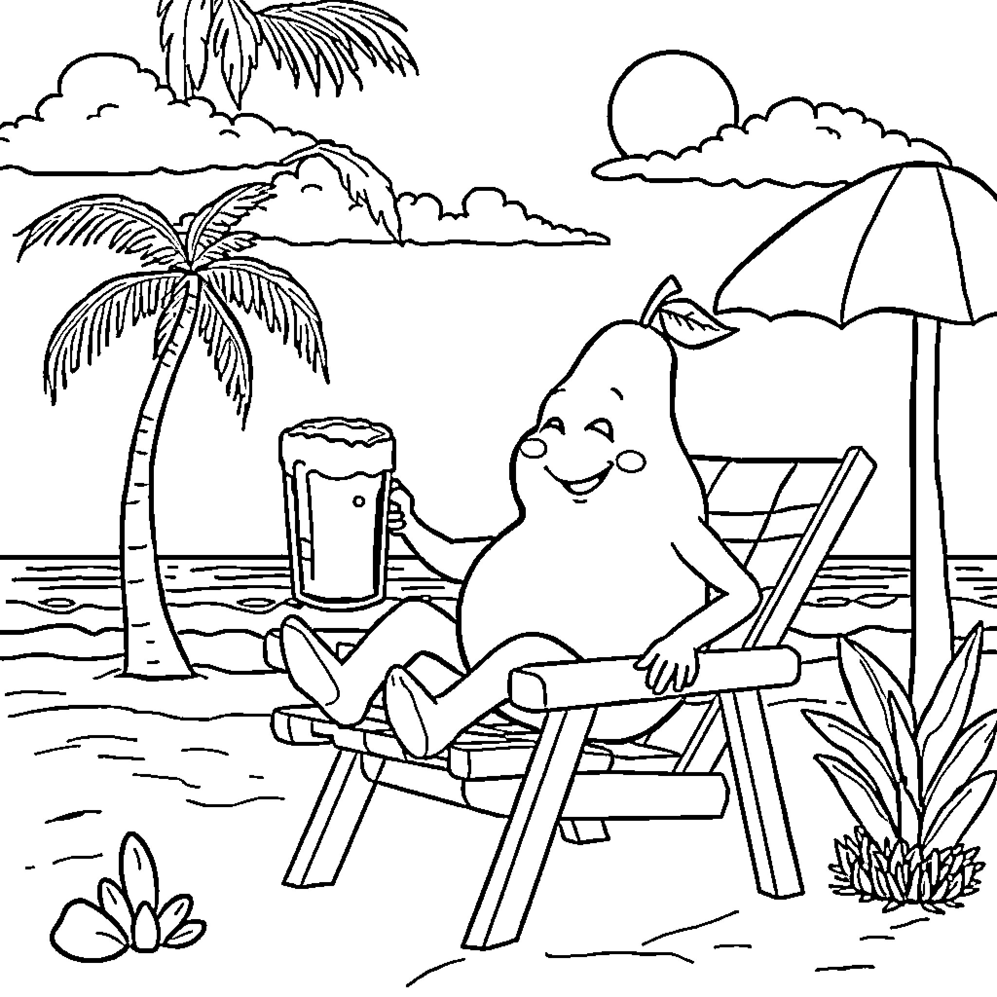 Pear enjoying a sunny day at the beach Coloring Page (free black-and-white line drawing printable PDF for all, from beginners to advanced learners, including children, teens, adults, and seniors)