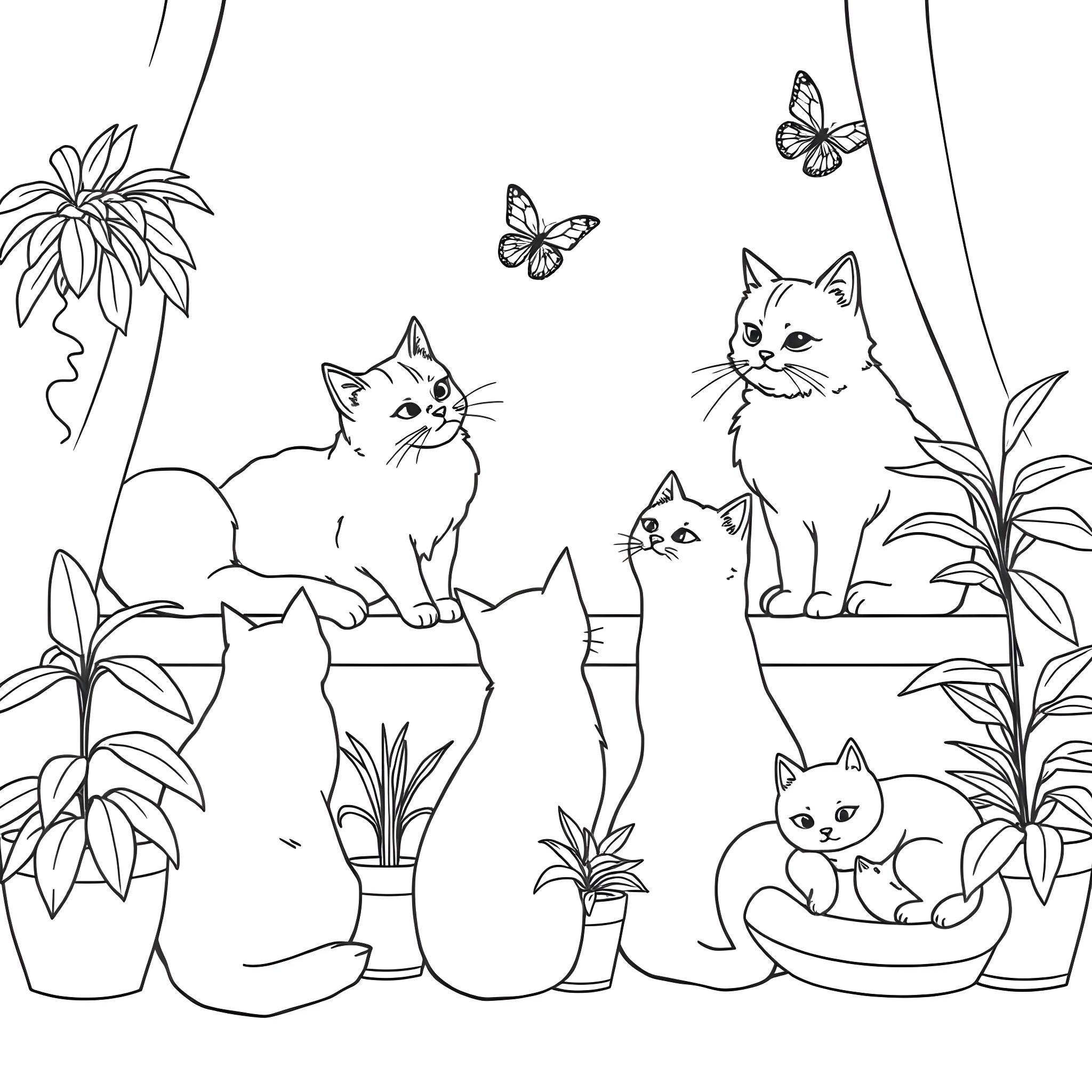 Cats Relaxing Among Plants and Butterflies Coloring Page (free black-and-white line drawing printable PDF for all, from beginners to advanced learners, including children, teens, adults, and seniors)