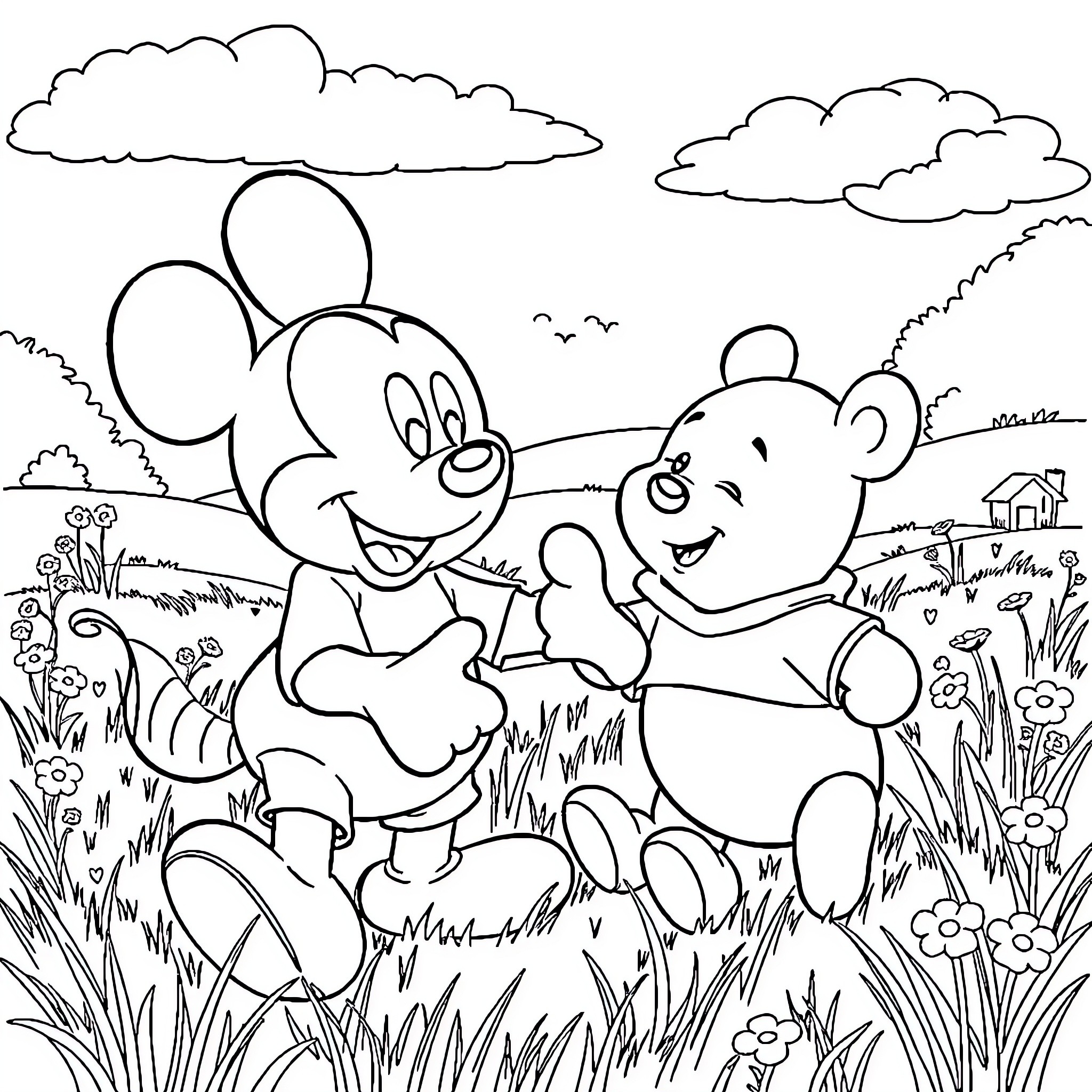 Mickey and Teddy Bear Enjoying Nature Together Coloring Page (free black-and-white line drawing printable PDF for all, from beginners to advanced learners, including children, teens, adults, and seniors)