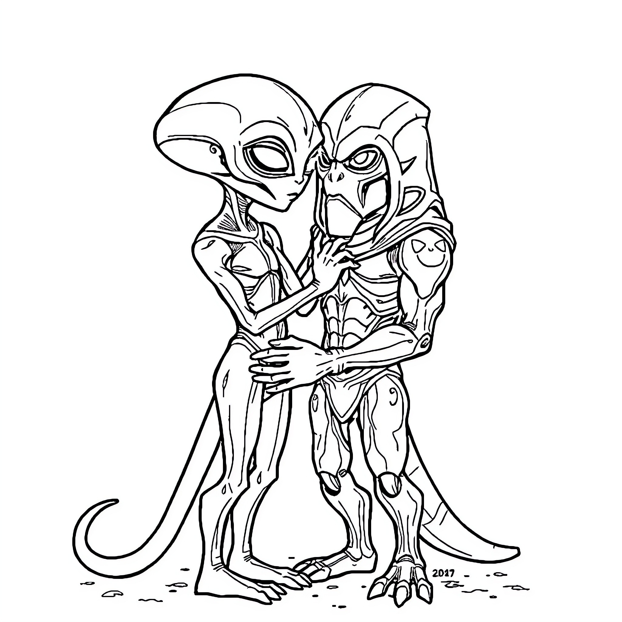 Alien Beings Embracing in Unique Outfits Coloring Page (free black-and-white line drawing printable PDF for all, from beginners to advanced learners, including children, teens, adults, and seniors)