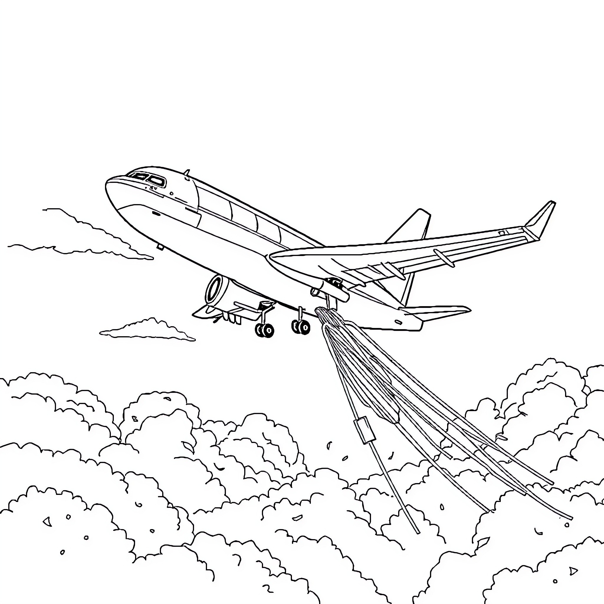 Airplane soaring through cloudy skies Coloring Page (free black-and-white line drawing printable PDF for all, from beginners to advanced learners, including children, teens, adults, and seniors)
