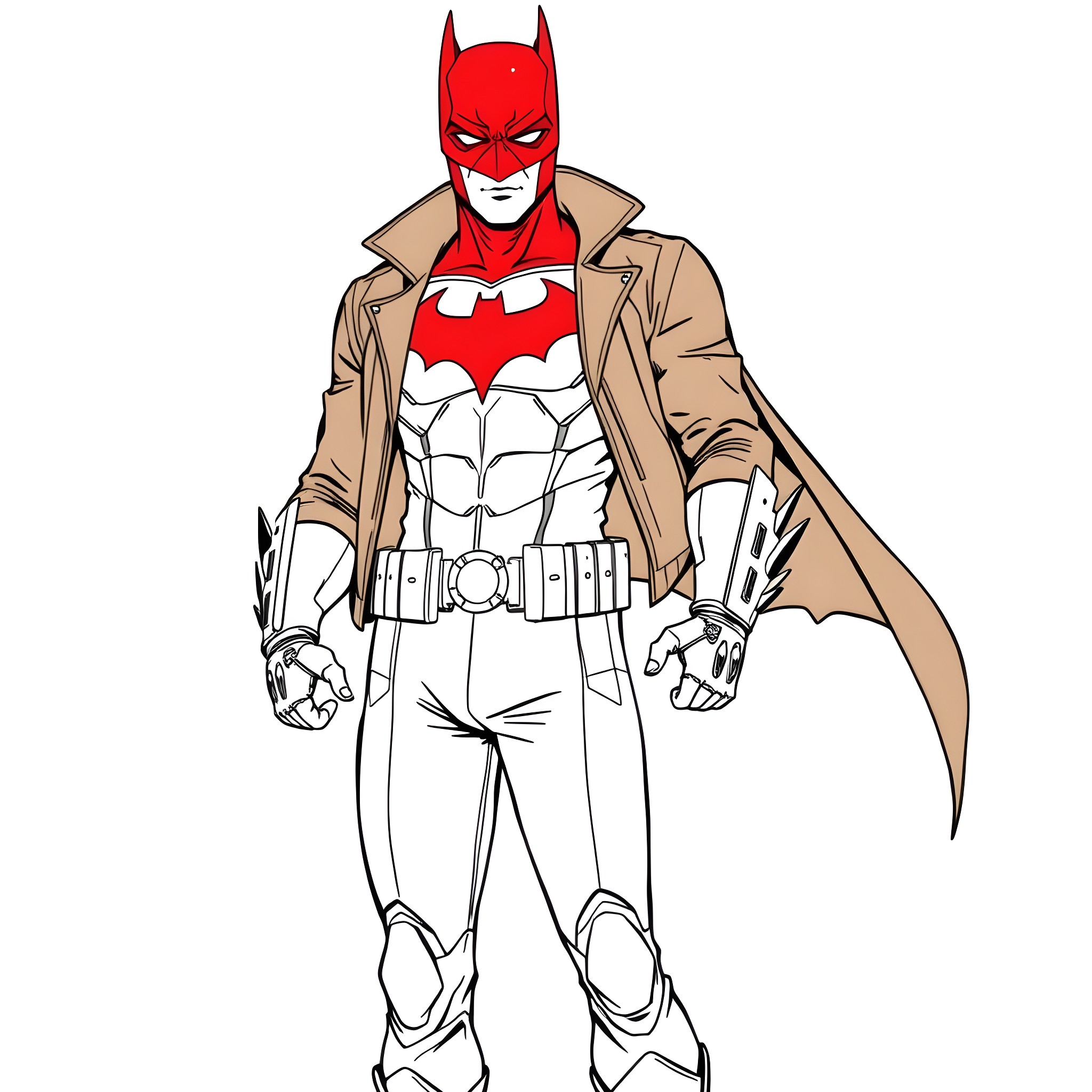 Red Hood in Action-Packed Superhero Attire Coloring Page (free black-and-white line drawing printable PDF for all, from beginners to advanced learners, including children, teens, adults, and seniors)