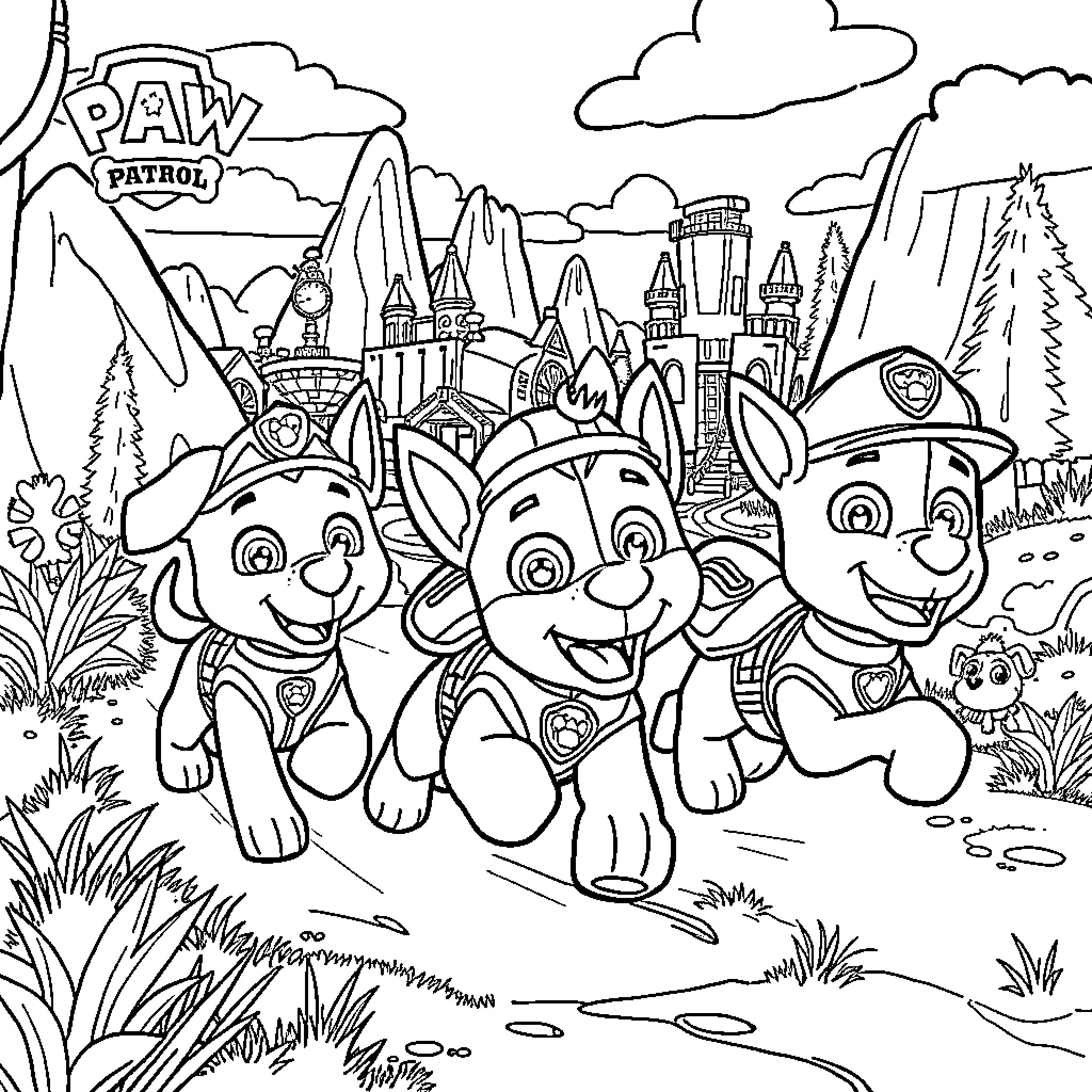 Paw Patrol Pups on an Adventure in the Mountains Coloring Page (free black-and-white line drawing printable PDF for all, from beginners to advanced learners, including children, teens, adults, and seniors)