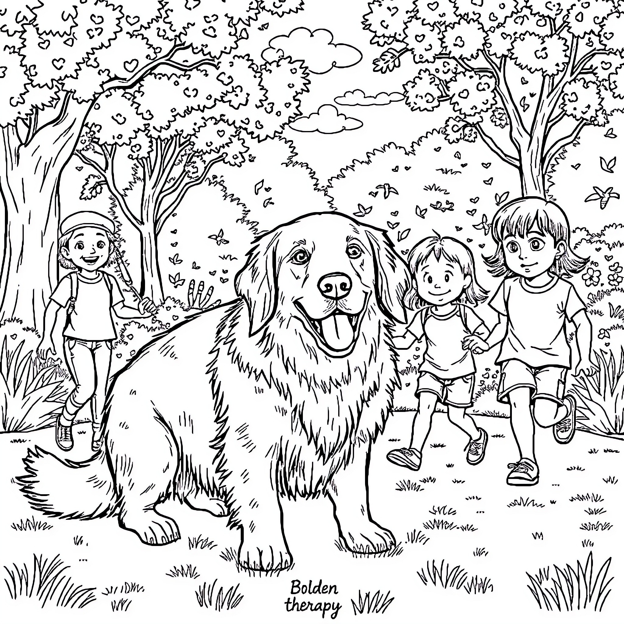 Dog playing with children in the forest Coloring Page (free black-and-white line drawing printable PDF for all, from beginners to advanced learners, including children, teens, adults, and seniors)