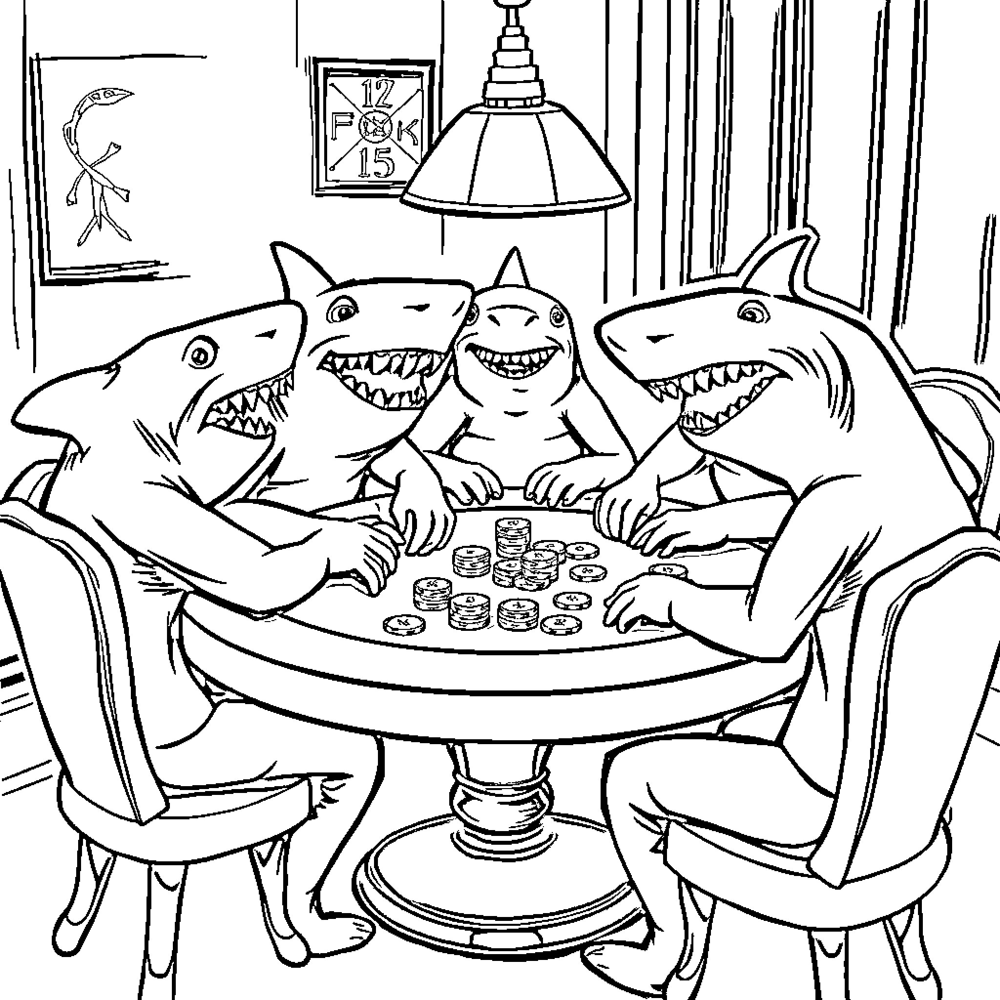Shark friends playing poker in their living room Coloring Page (free black-and-white line drawing printable PDF for all, from beginners to advanced learners, including children, teens, adults, and seniors)