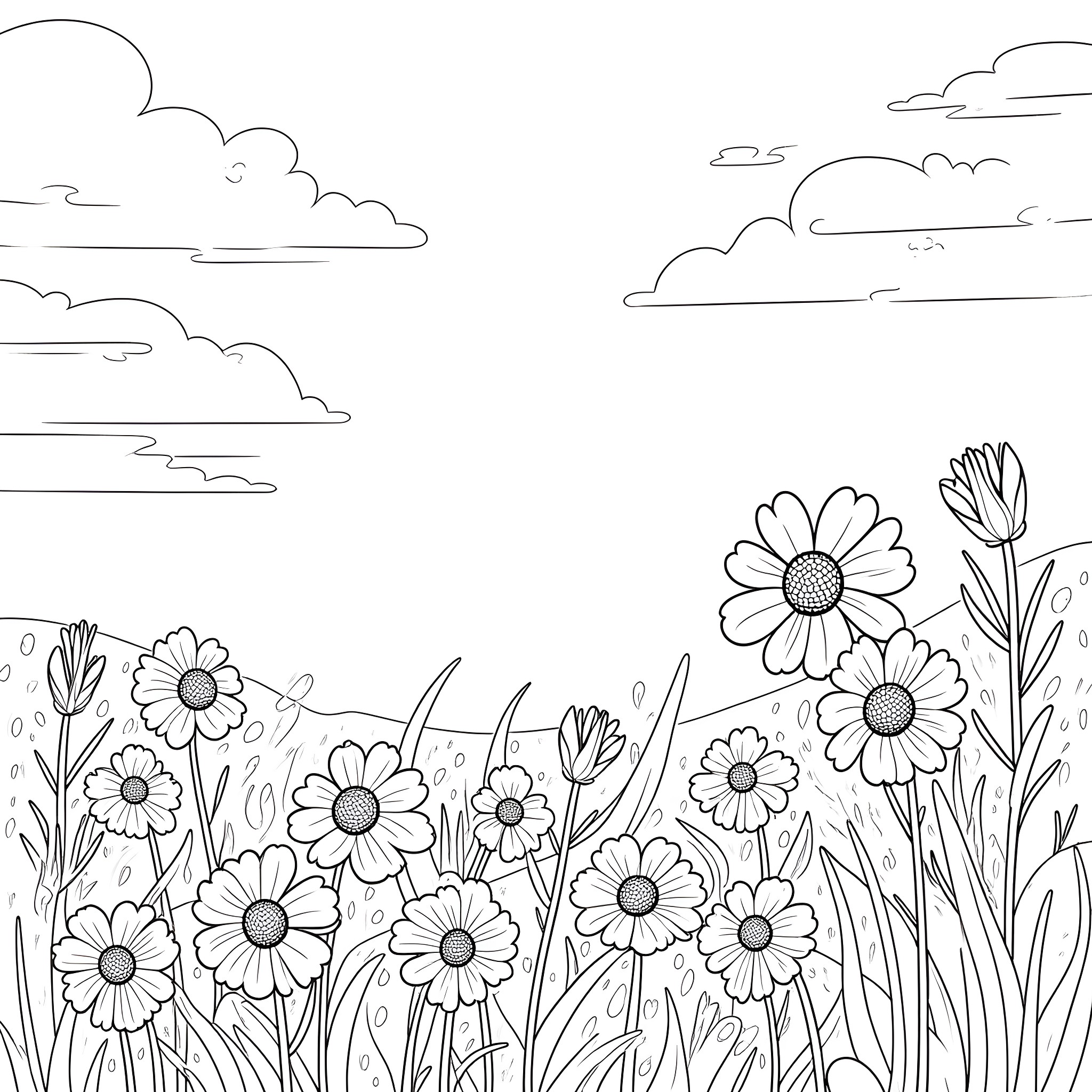 June flowers blooming in a field under the cloudy sky Coloring Page (free black-and-white line drawing printable PDF for all, from beginners to advanced learners, including children, teens, adults, and seniors)