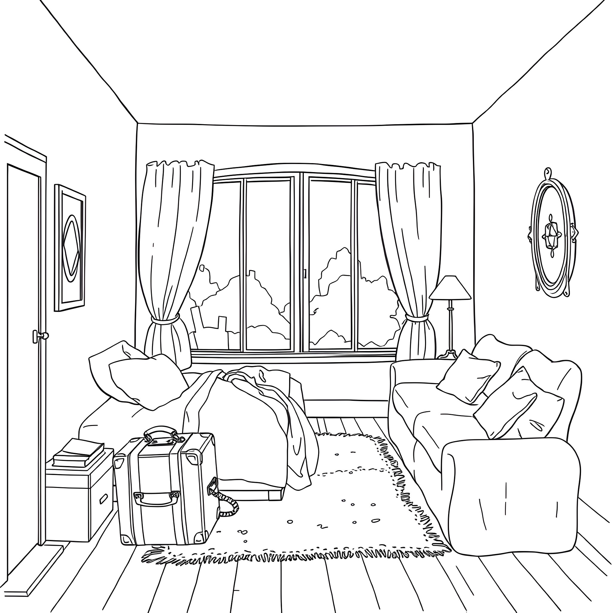 Questroom - Cozy hotel room with scenic window view Coloring Page (free black-and-white line drawing printable PDF for all, from beginners to advanced learners, including children, teens, adults, and seniors)
