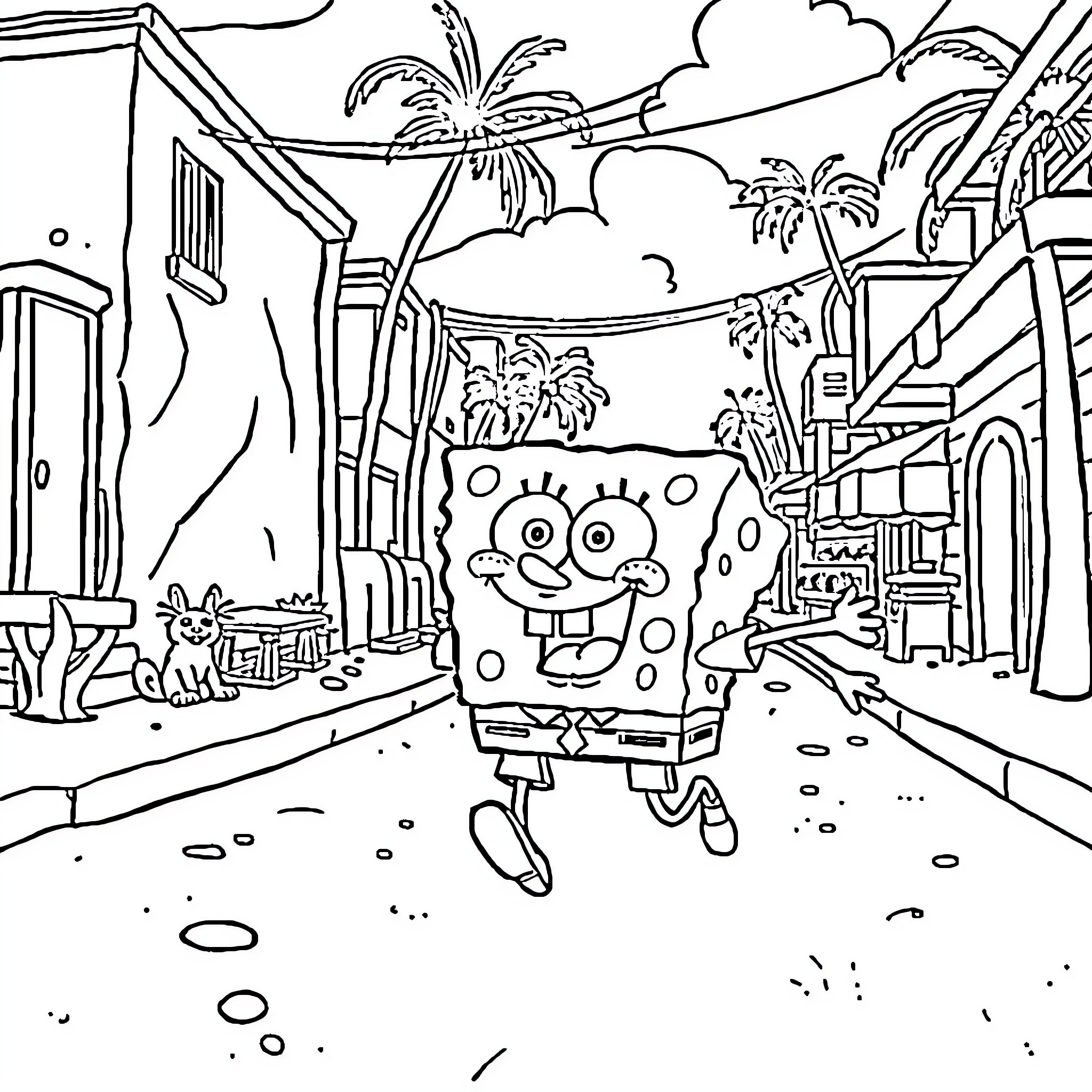 Spongebob's Tropical Adventure Coloring Page (free black-and-white line drawing printable PDF for all, from beginners to advanced learners, including children, teens, adults, and seniors)