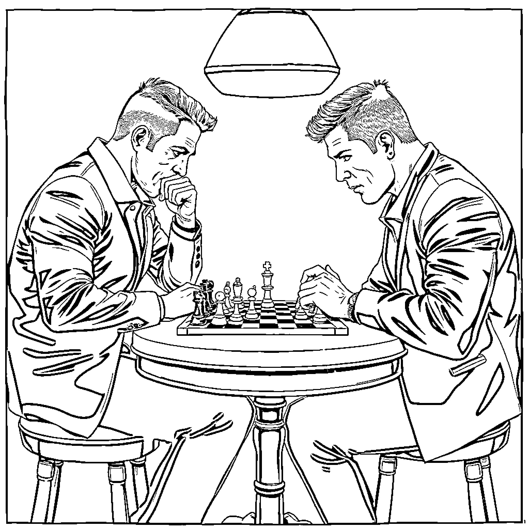 Robbie Williams playing chess with a friend Coloring Page (free black-and-white line drawing printable PDF for all, from beginners to advanced learners, including children, teens, adults, and seniors)