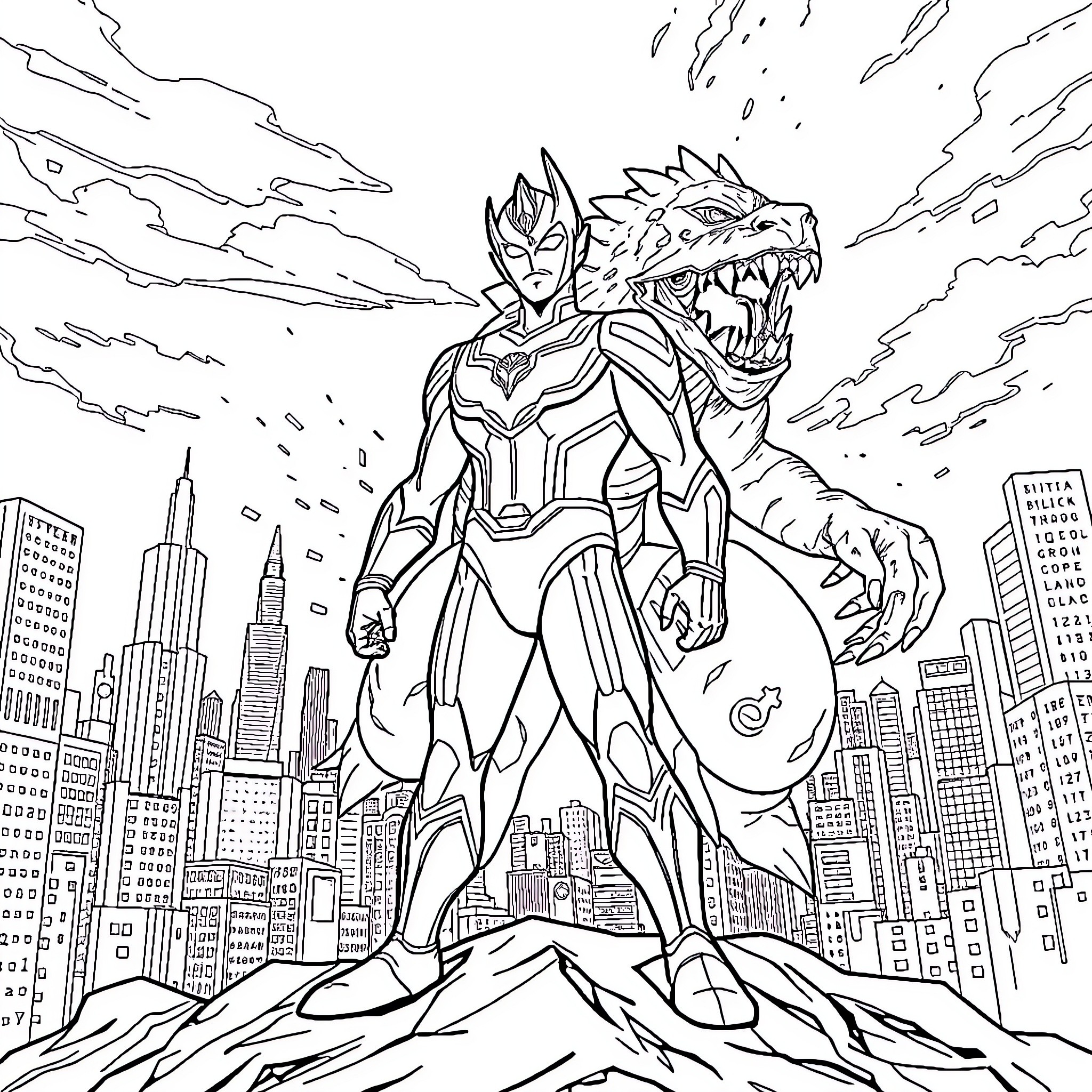 Ultraman's Heroic Battle in the City Coloring Page (free black-and-white line drawing printable PDF for all, from beginners to advanced learners, including children, teens, adults, and seniors)