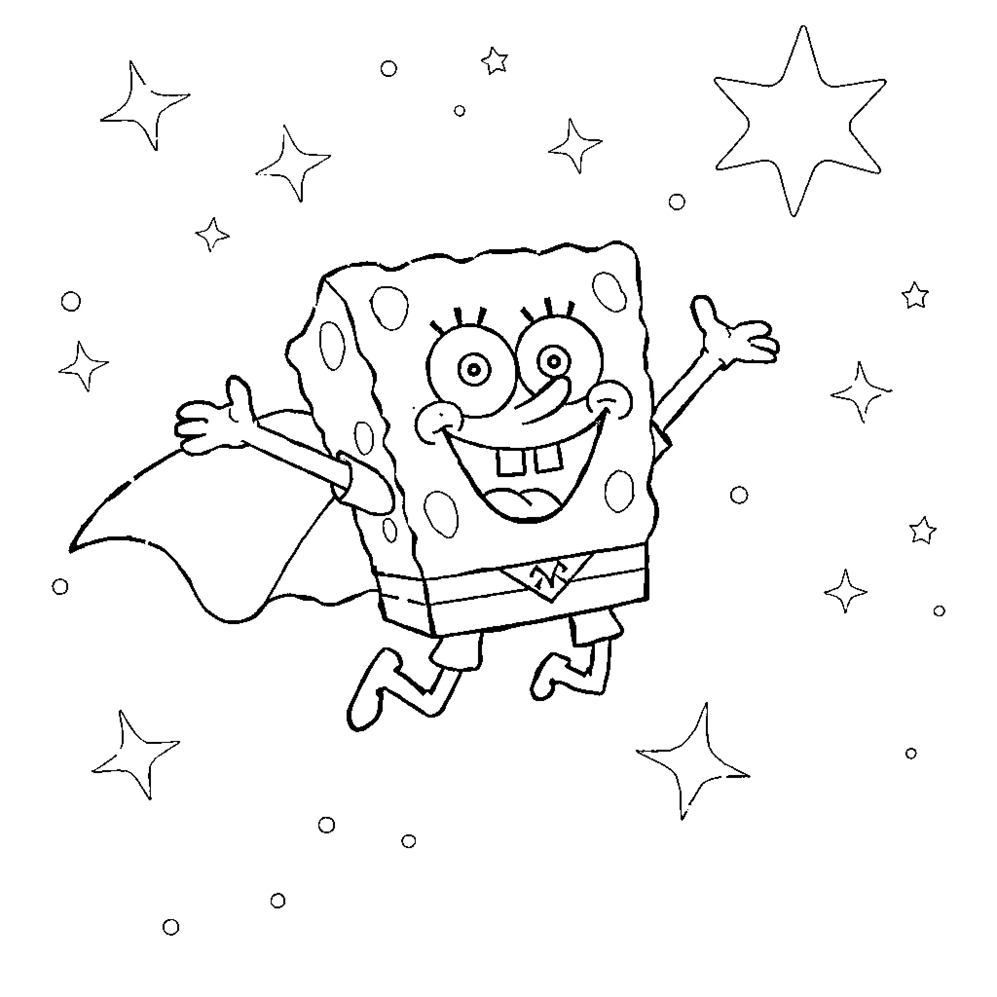 Spongebob joyfully floating among the stars Coloring Page (free black-and-white line drawing printable PDF for all, from beginners to advanced learners, including children, teens, adults, and seniors)