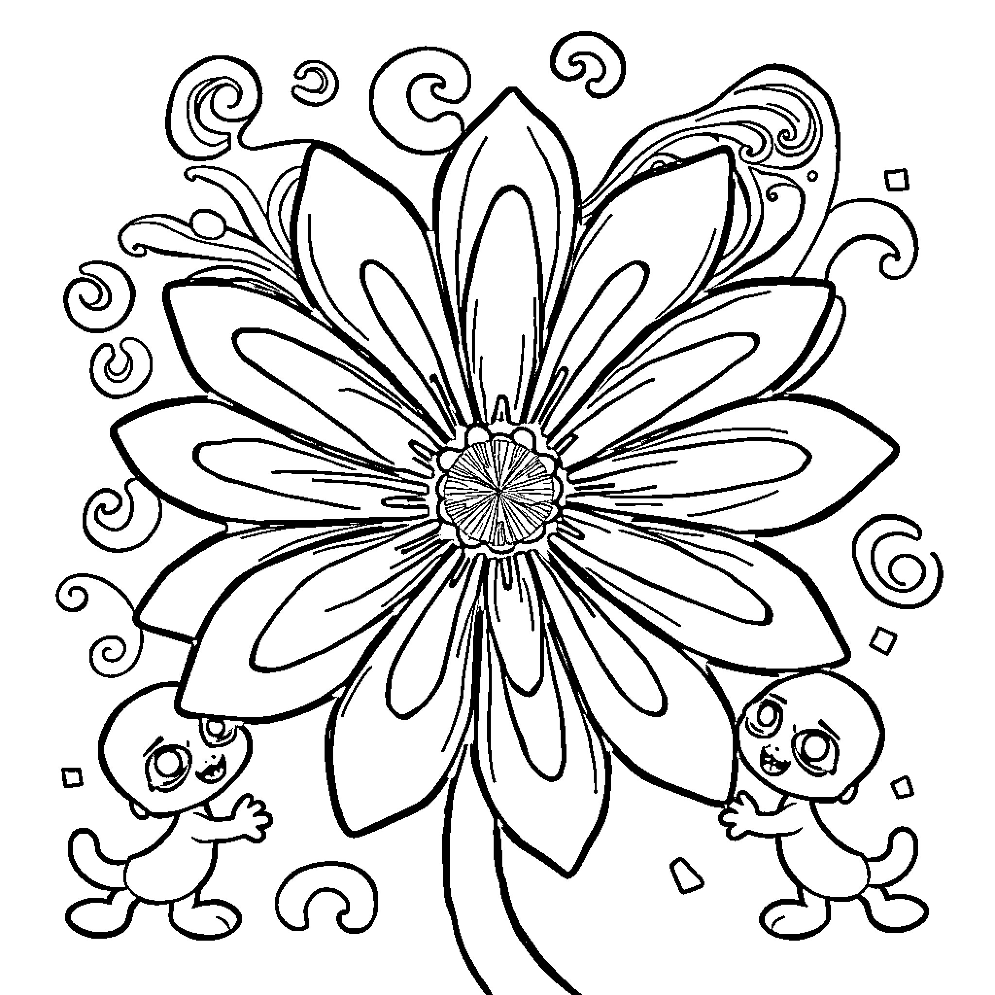 Daisy flower surrounded by whimsical designs Coloring Page (free black-and-white line drawing printable PDF for all, from beginners to advanced learners, including children, teens, adults, and seniors)