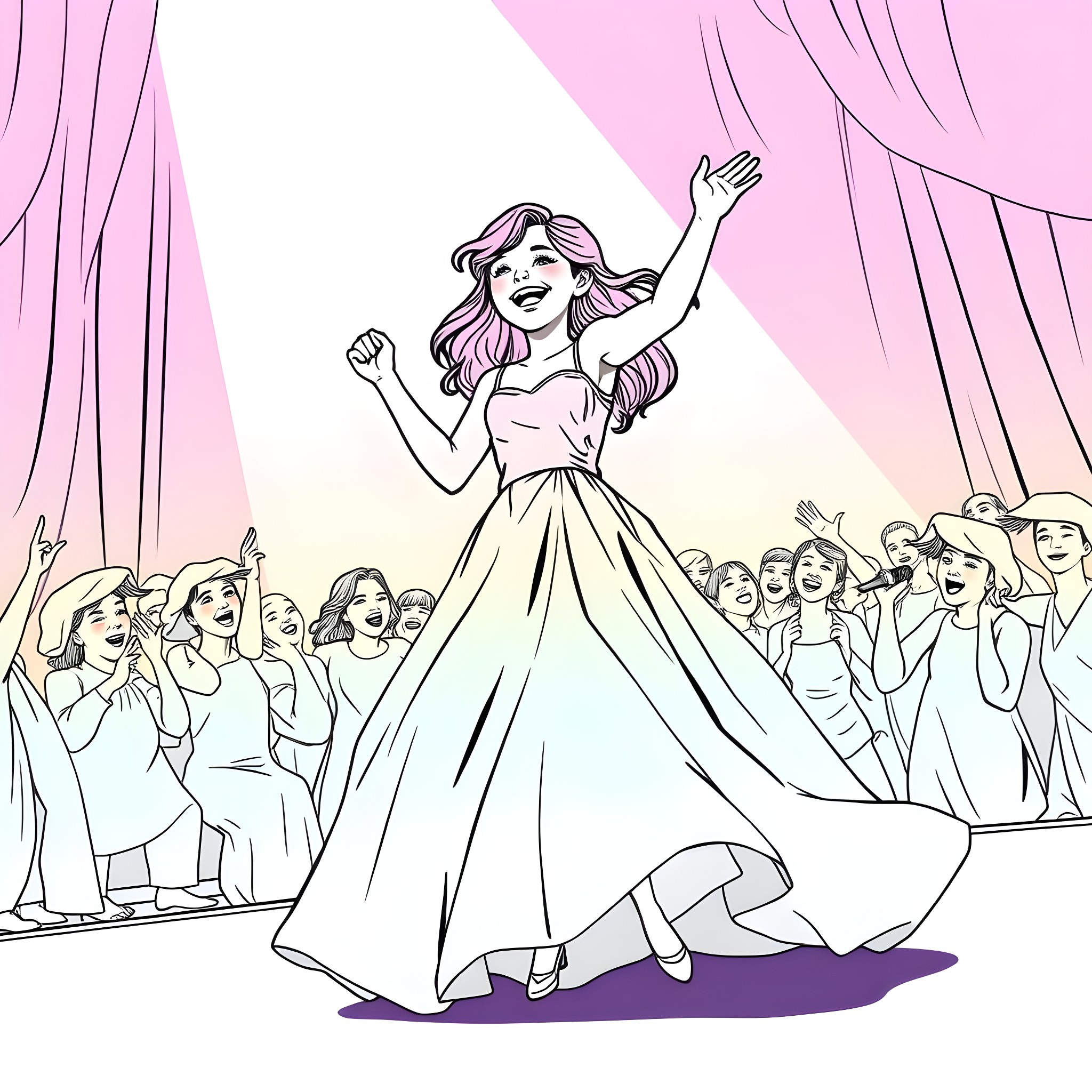 Teen Girl Joyfully Performing on Stage with Audience Coloring Page (free black-and-white line drawing printable PDF for all, from beginners to advanced learners, including children, teens, adults, and seniors)