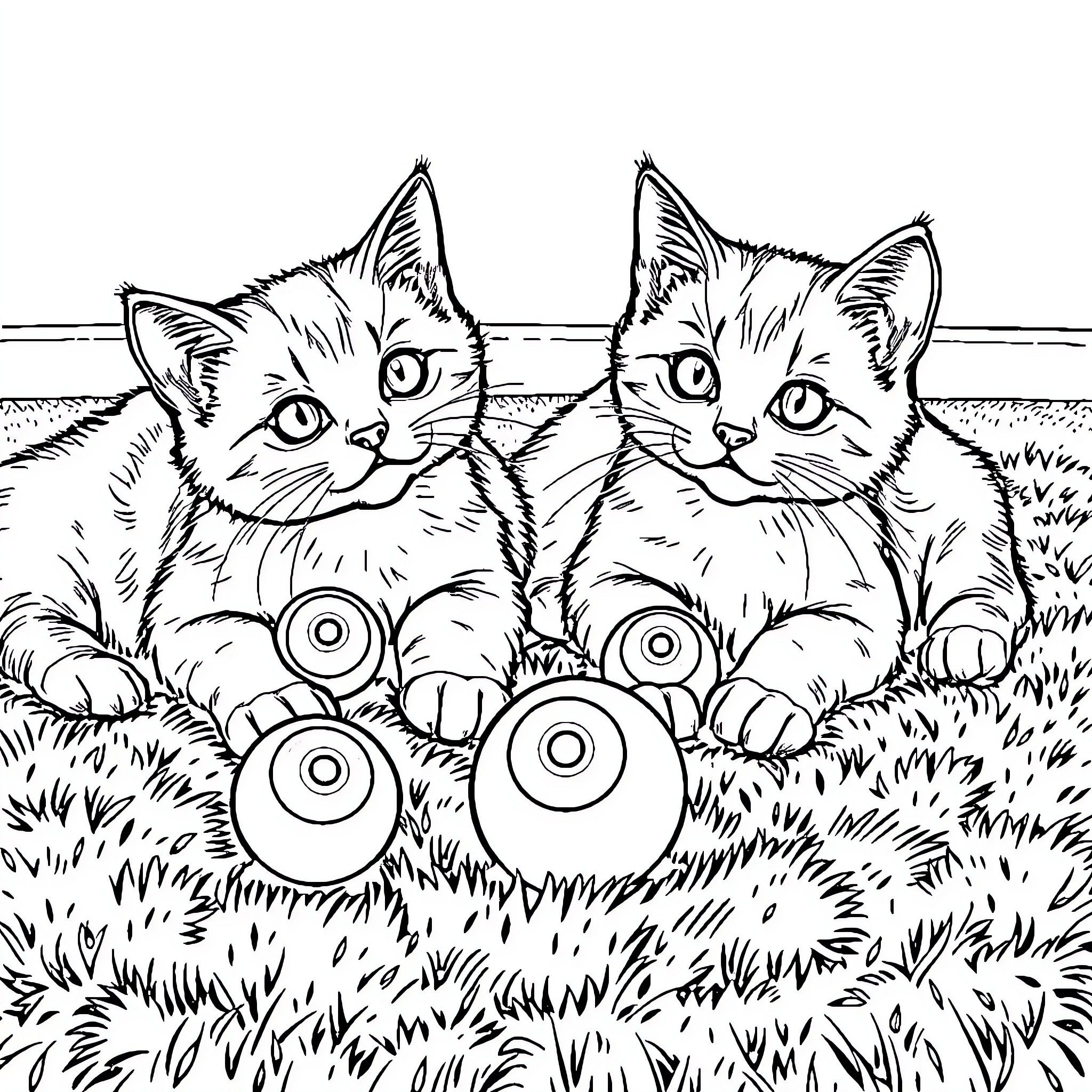 Cat Siblings Exploring Curious Outdoor Scene Coloring Page (free black-and-white line drawing printable PDF for all, from beginners to advanced learners, including children, teens, adults, and seniors)